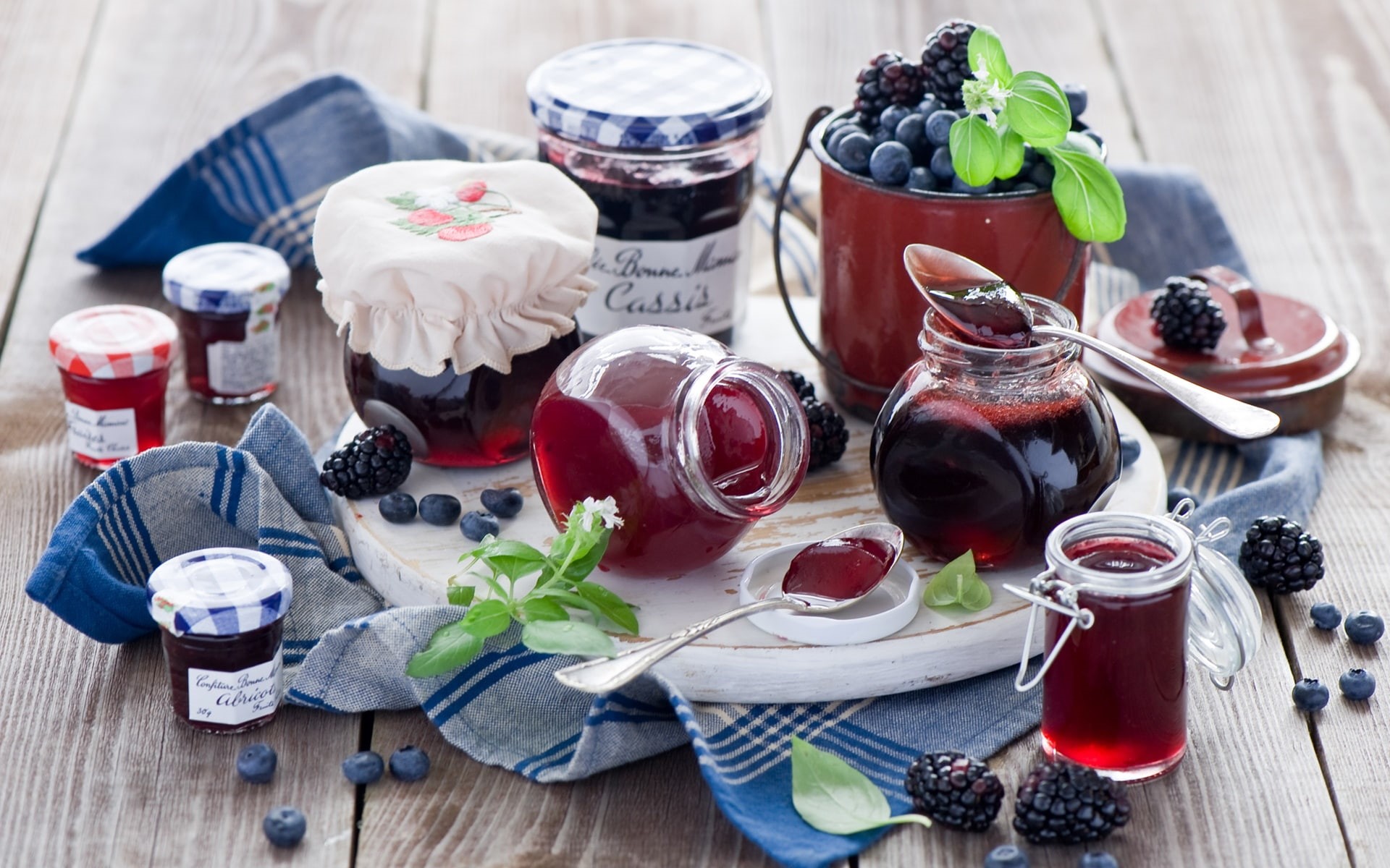1080P, Pots, Food, Life, Blueberries, bottle, Jars, lot, Blackberries, Spoons, Jam, jelly, Still, pink, HD Wallpaper