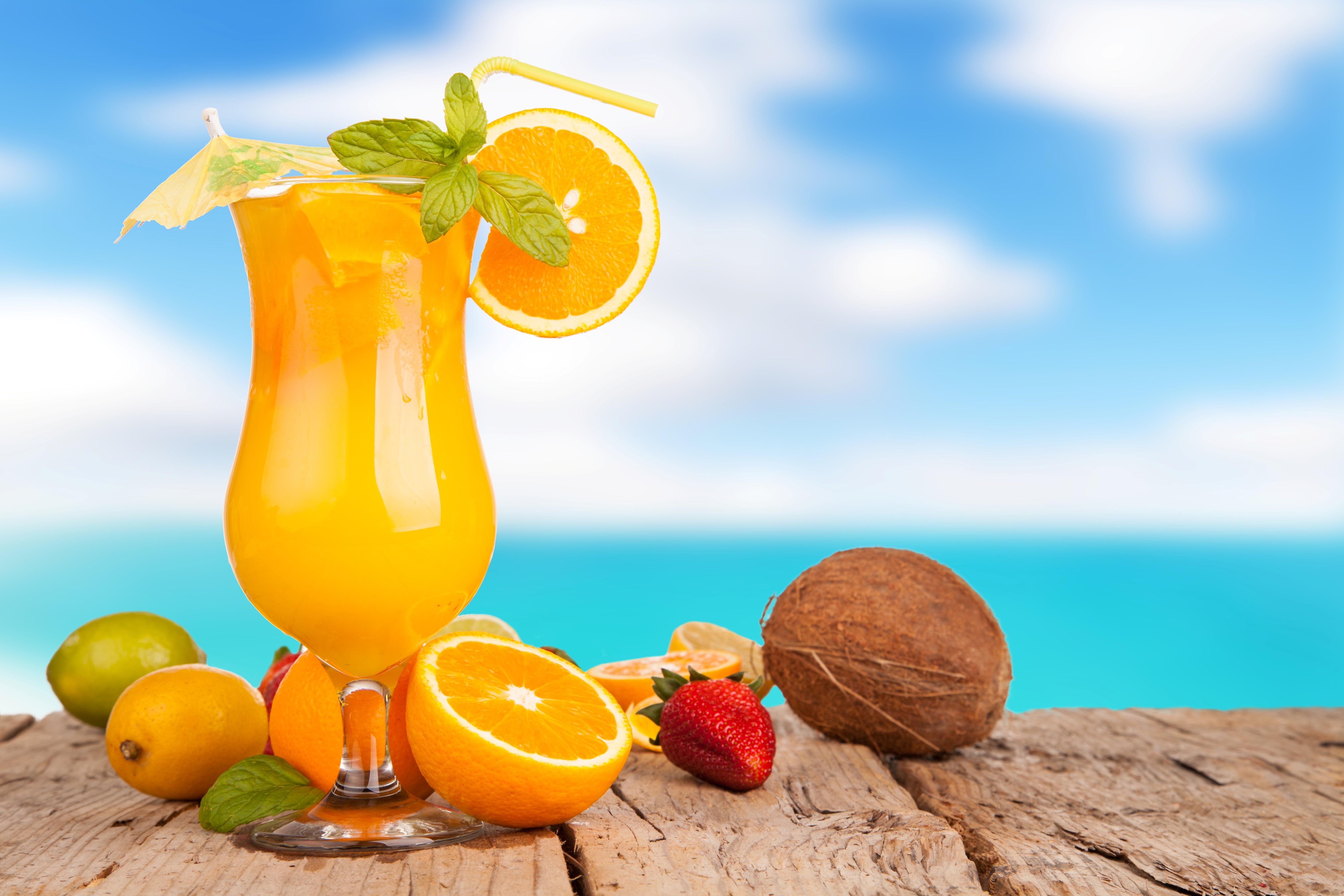 drink, drinking Glass, citrus Fruit, cocktail, cold - Temperature, oranges, sweet Food, slice, yellow, ripe, backgrounds, orange - Fruit, organic, wood - Material, HD Wallpaper