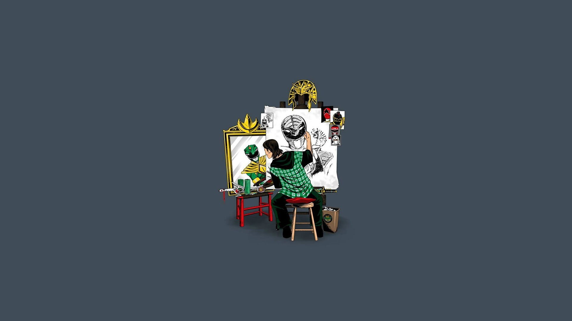 ranger, male likeness, holiday, full length, triple self portrait, 1080P, painting, human representation, Power Rangers, power, people, Tommy Oliver, cut out, HD Wallpaper