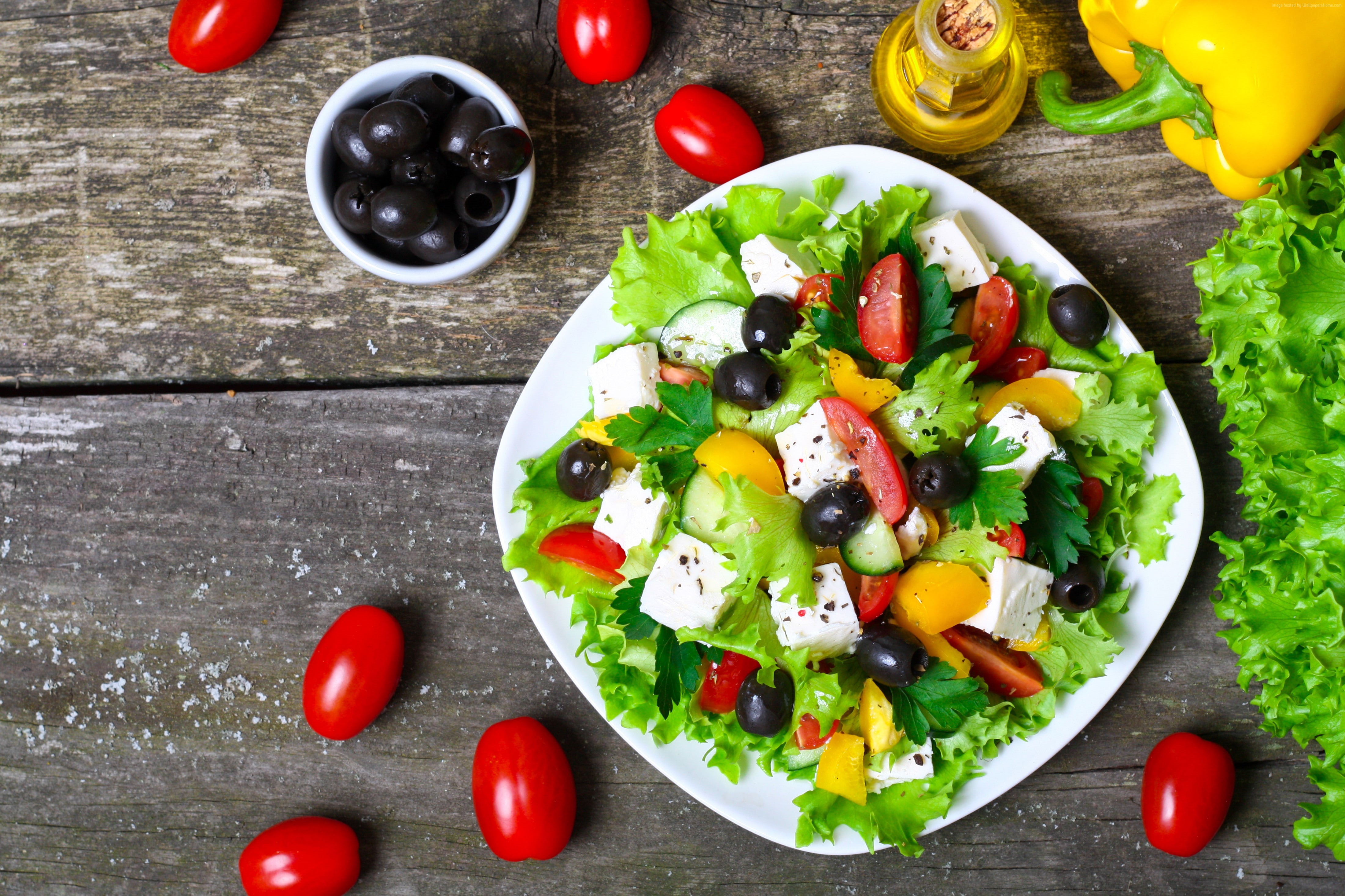 paprika, olives, 4K, 4K, tomatoes, lettuce, feta, Greek, cooking, recipe, HD Wallpaper