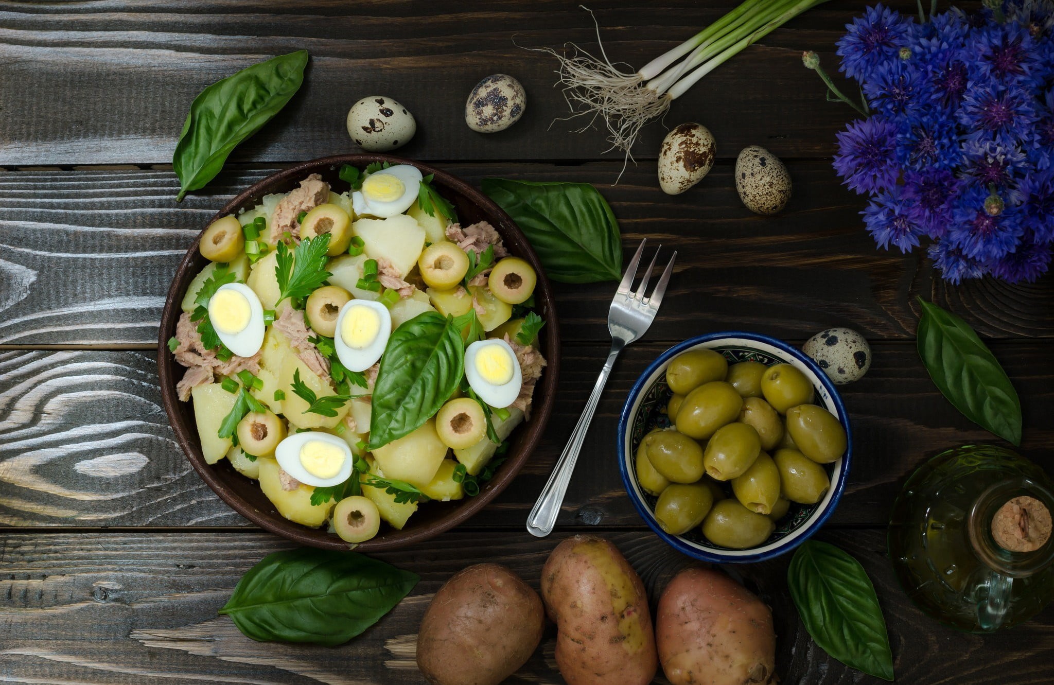 blue flowers, still life, table, vegetable, green color, 1080P, container, no people, bottles, plant, olives, herb, wellbeing, food and drink, fork, potatoes, HD Wallpaper