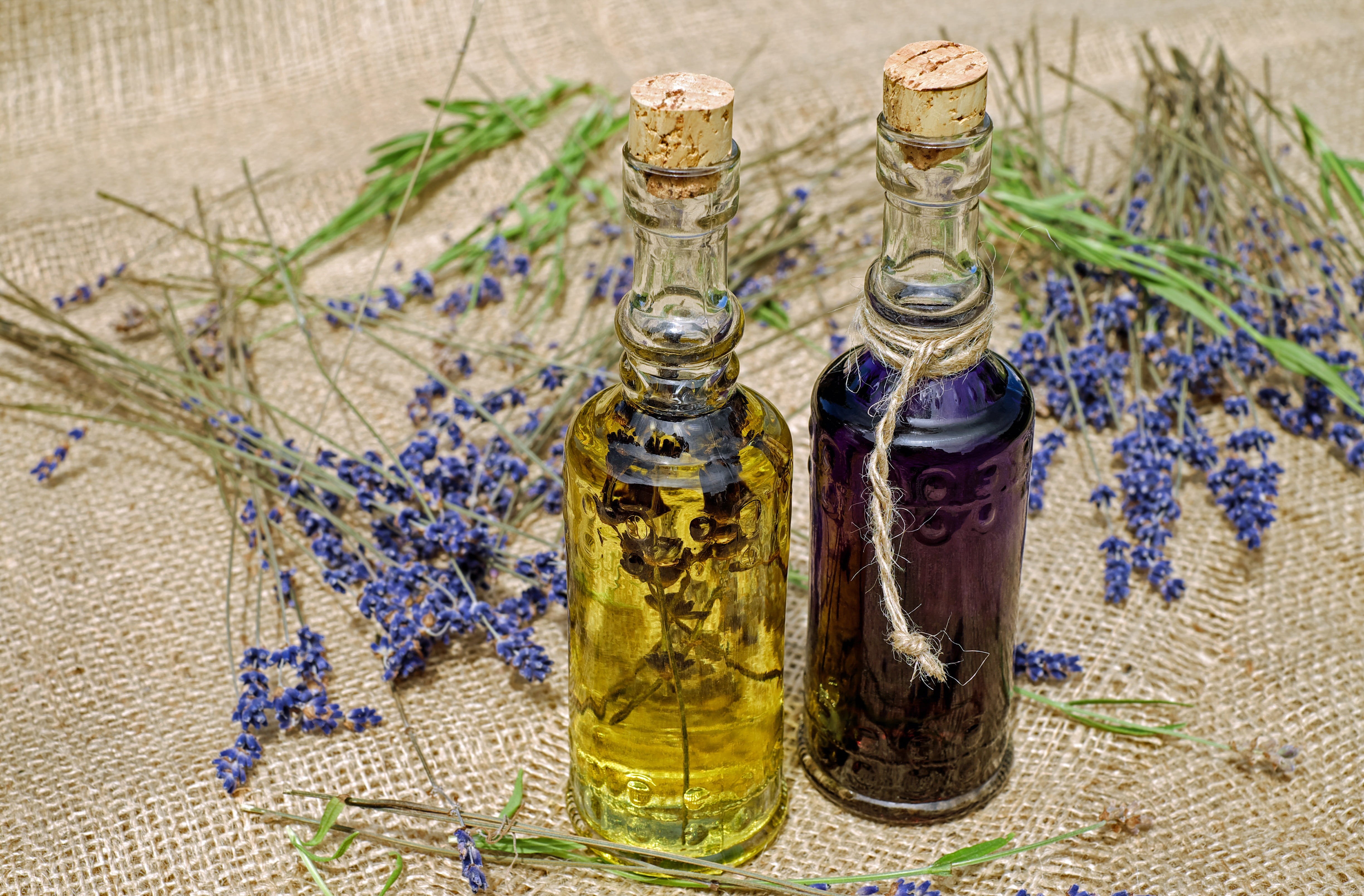 ethereal, freshness, lavender flowers oil, lavender, refreshment, homeopathy, calming, table, labeled, clear, close-up, petaled, bath oil, fragrant, container, HD Wallpaper