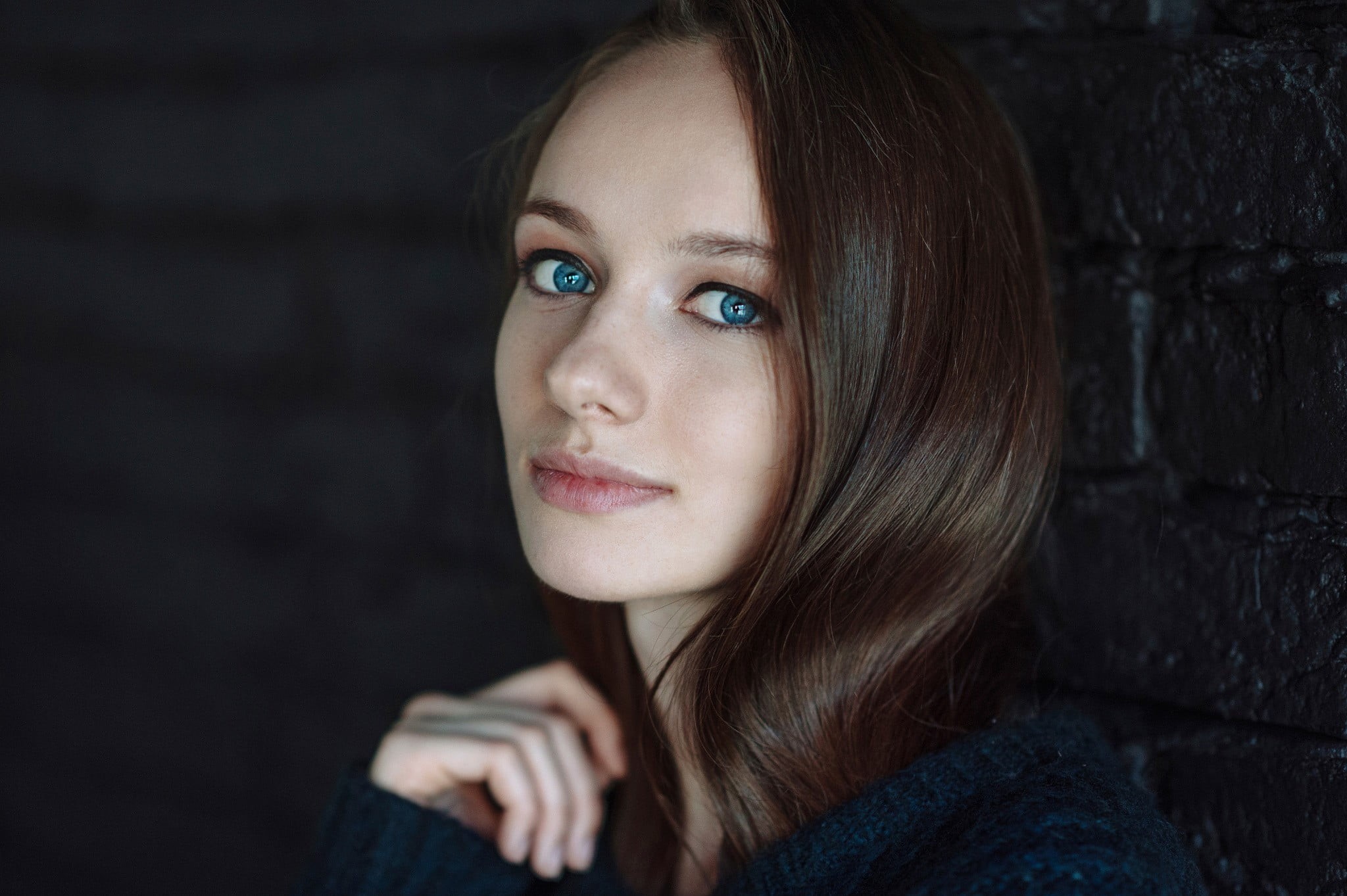 one person, young women, long hair, headshot, smiling, brown hair, brunette, blue eyes, women, 1080P, close-up, Anna Pavlova, black, Maxim Maksimov, s, HD Wallpaper
