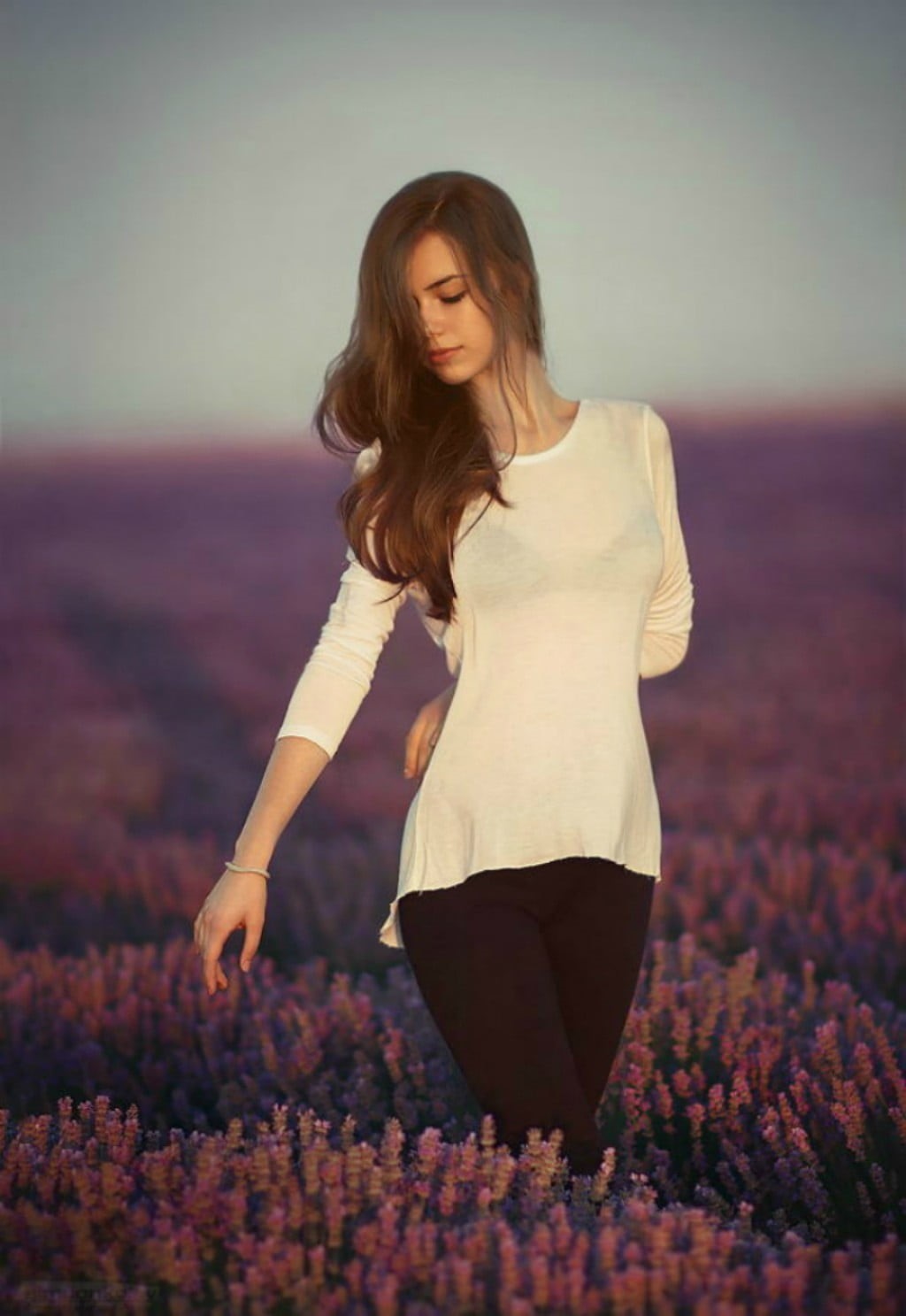 bracelets, neck, three quarter length, elbow, Radina, 720P, long hair, white, springtime, Simeon Kolev, brown hair, young adult, brunette, hair, s, sleeved, Phone HD Wallpaper