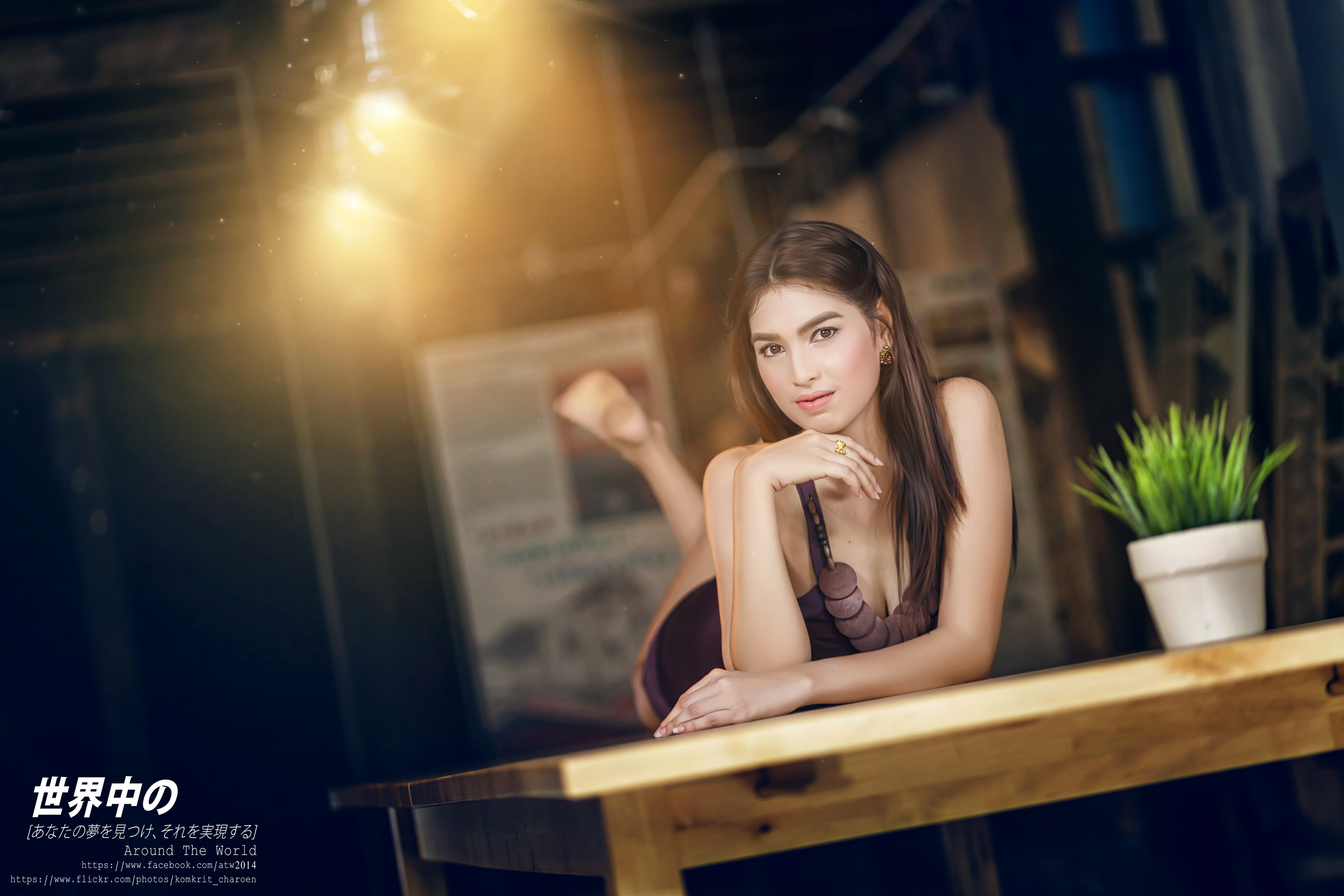 indoors, brown, table, one person, lying on front, real people, lifestyles, young women, beauty, hairstyle, contemplation, looking, young adult, sleeveless, HD Wallpaper