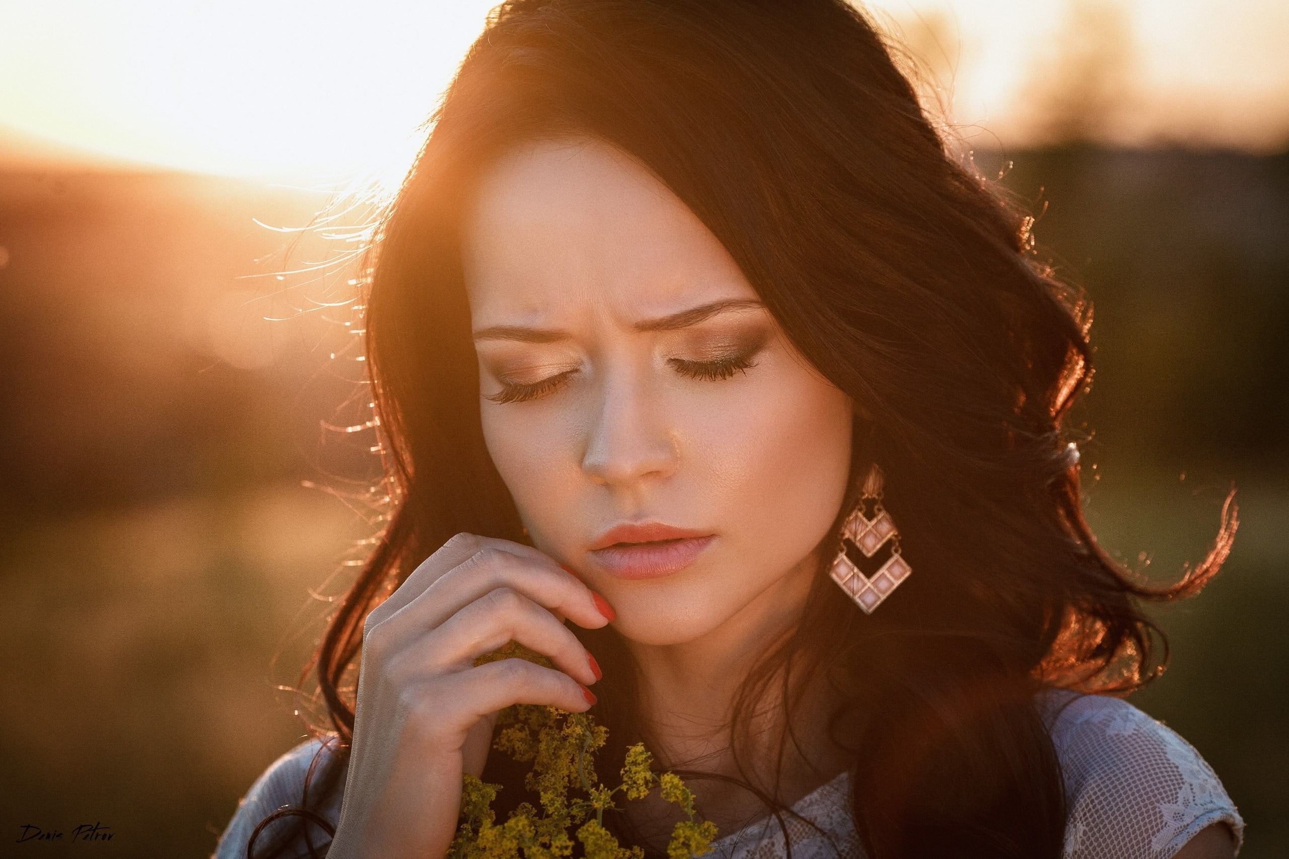 hairstyle, Denis Petrov, brown hair, looking, closed eyes, headshot, one person, lens flare, portrait, contemplation, women, 2K, sunlight, focus on foreground, HD Wallpaper
