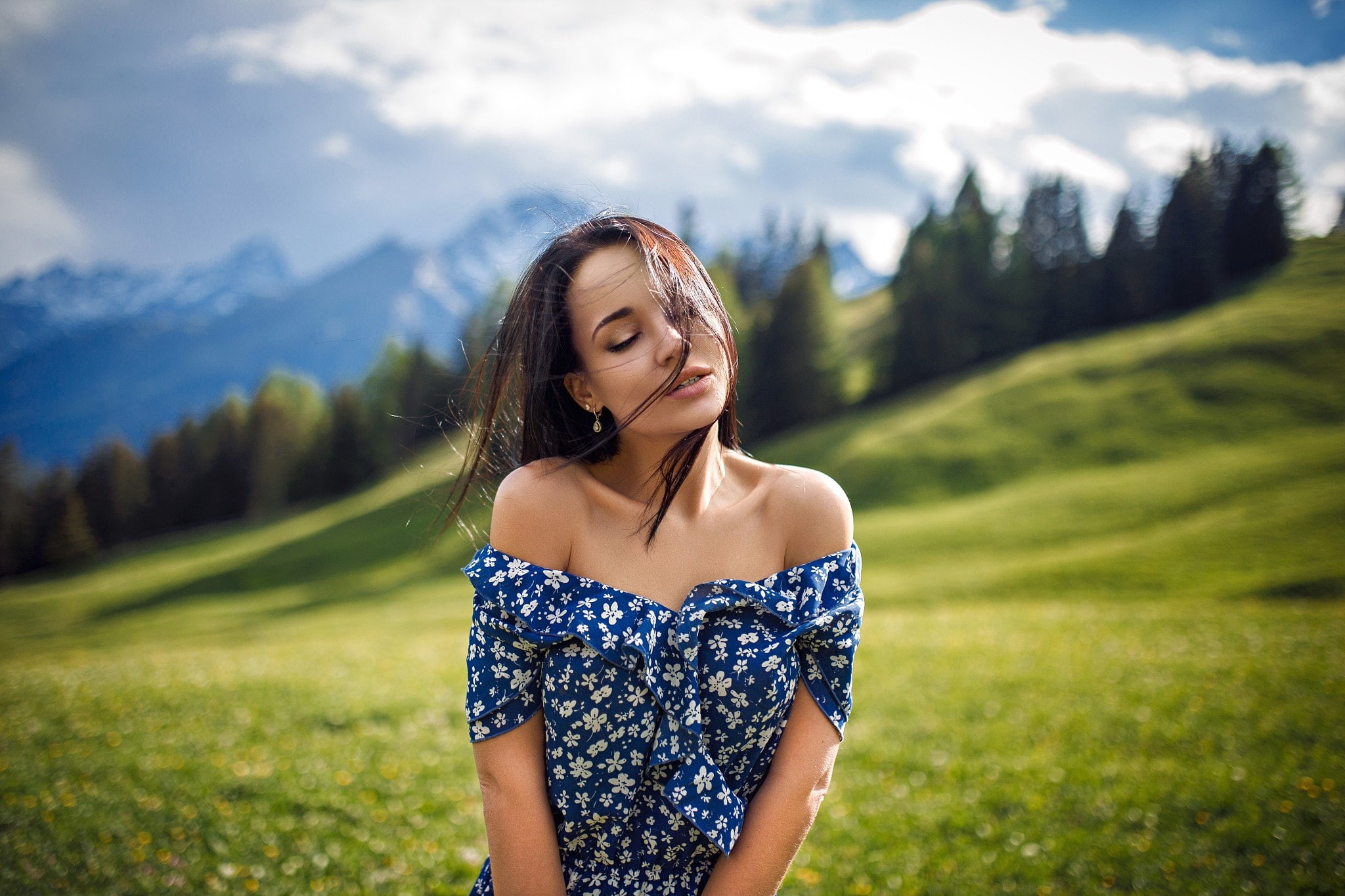 portrait, 1080P, Angelina Petrova, women, depth of field, closed eyes, women outdoors, Denis Petrov, HD Wallpaper