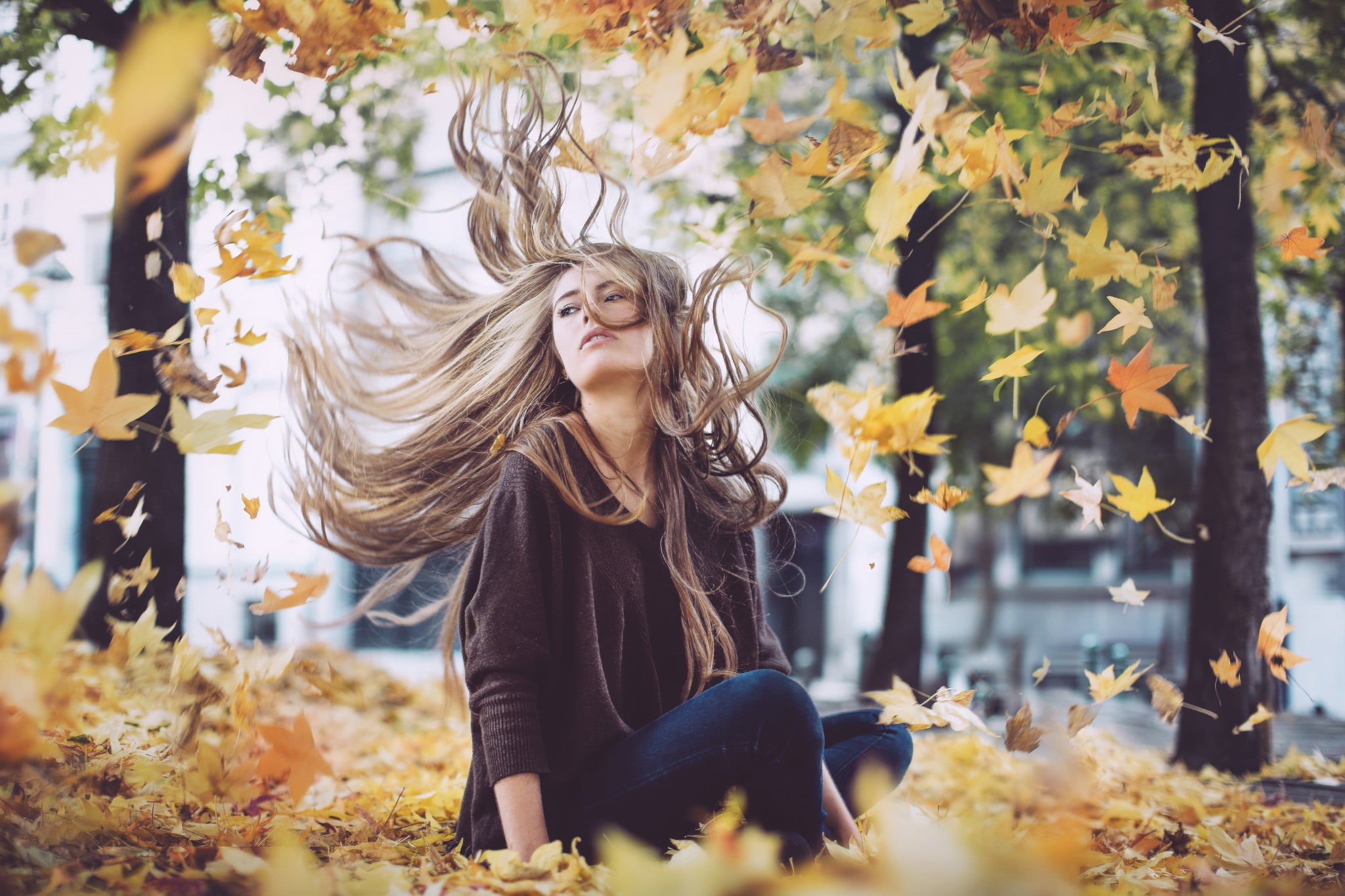 change, hair, relaxation, 1080P, leaf, s, one Person, leaves, autumn, women outdoors, season, fun, beauty In Nature, happiness, joy, teenage Girls, smiling, HD Wallpaper