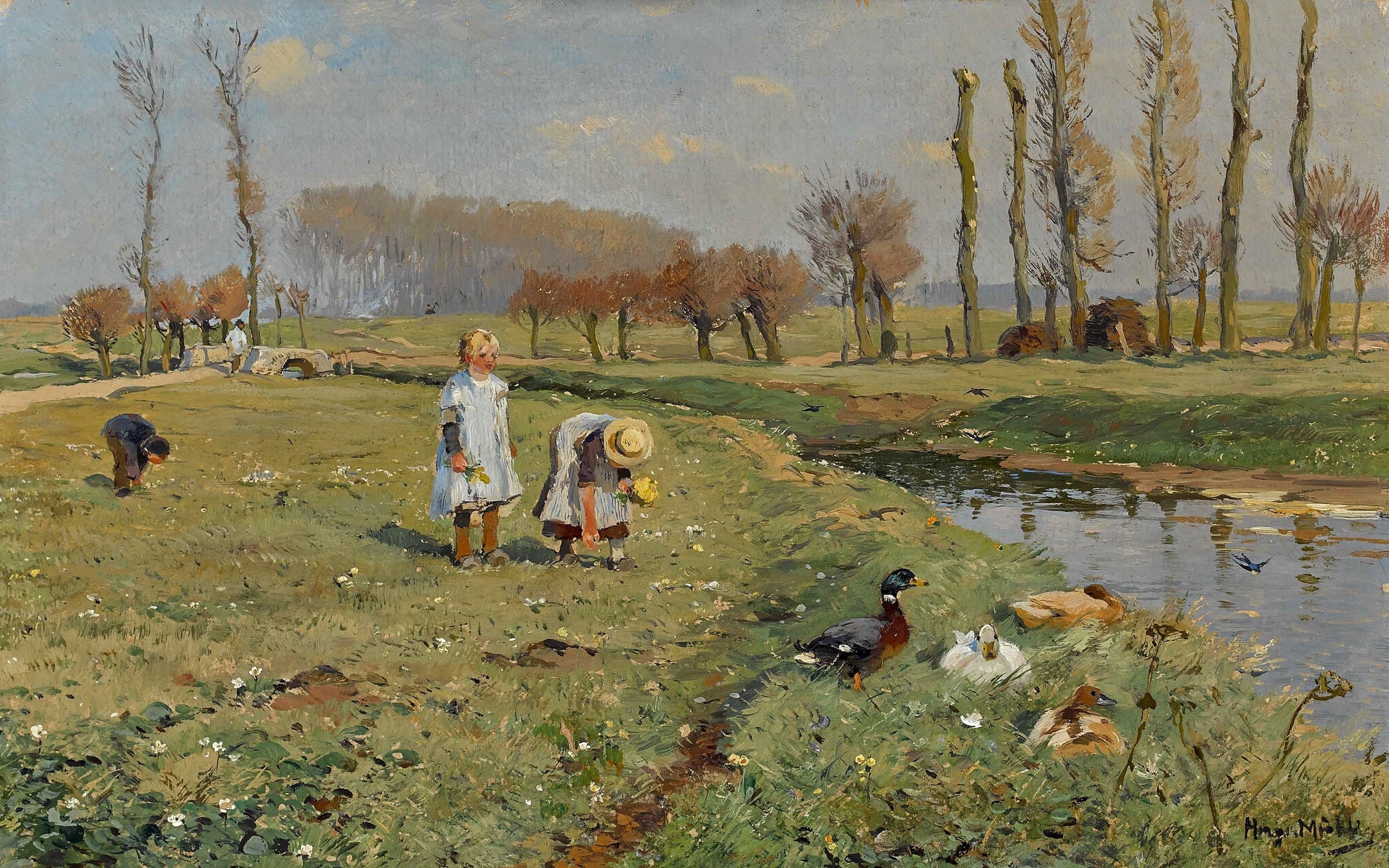 Hugo Muhlig, German Impressionist painter, Flower-Picking Children, Hugo Mühlig, 2K, Collection of flowers children, oil on canvas, Flower picking children, HD Wallpaper