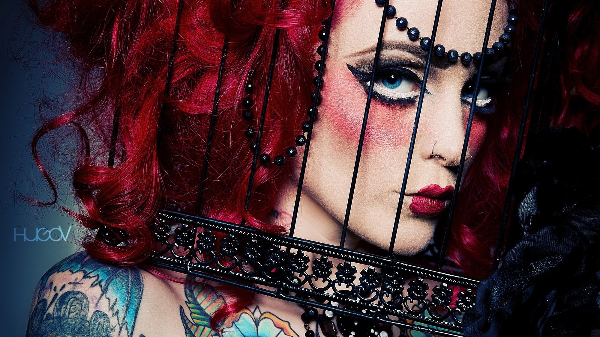 women, tattoo, redhead, nose ring, Hugo V, model, face paint, 1080P, HD Wallpaper
