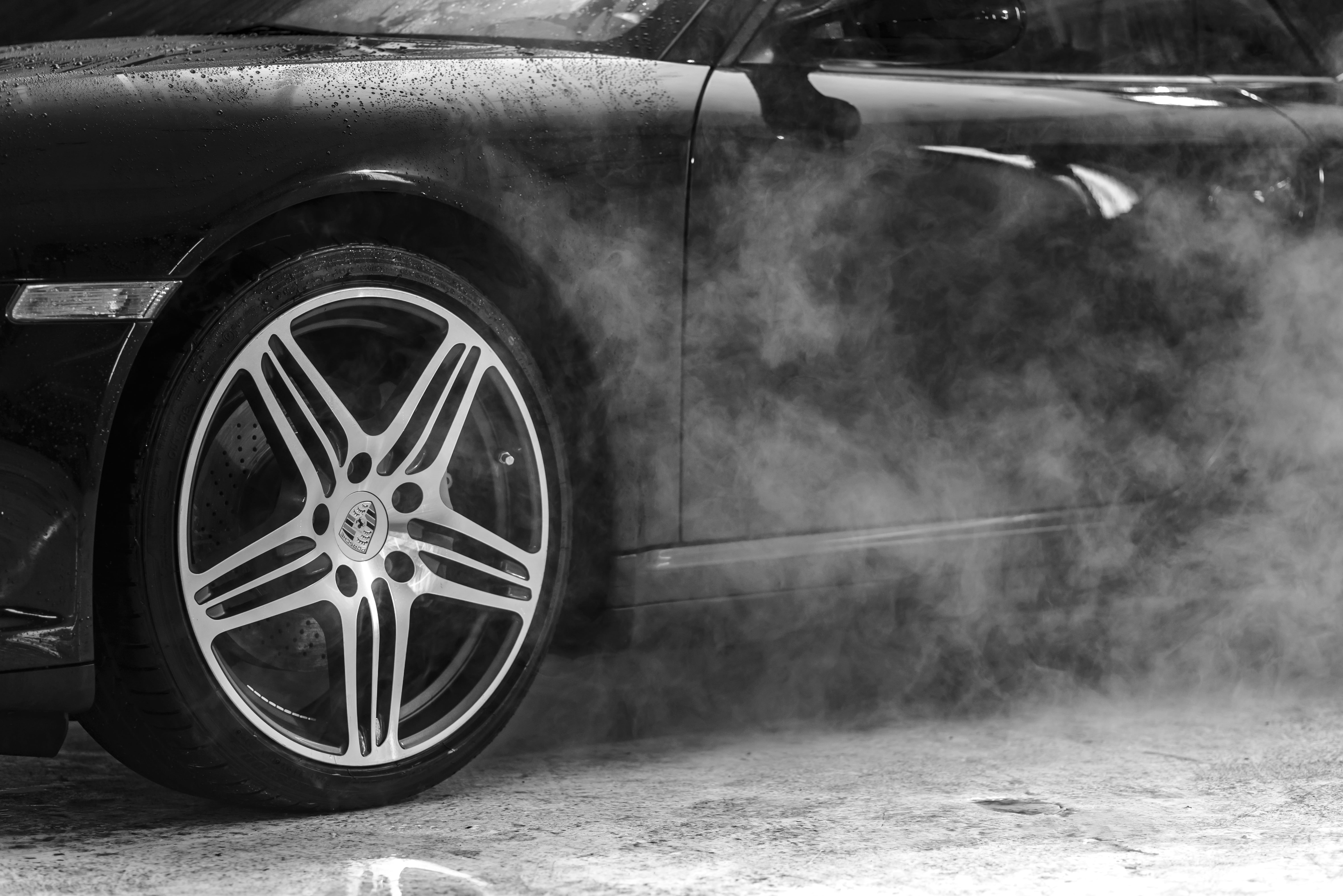 smoke - physical structure, grayscale, photography, garage, work, mode of transportation, tire, car, car wash, porsche, wheel, shine, expensive, transportation, HD Wallpaper