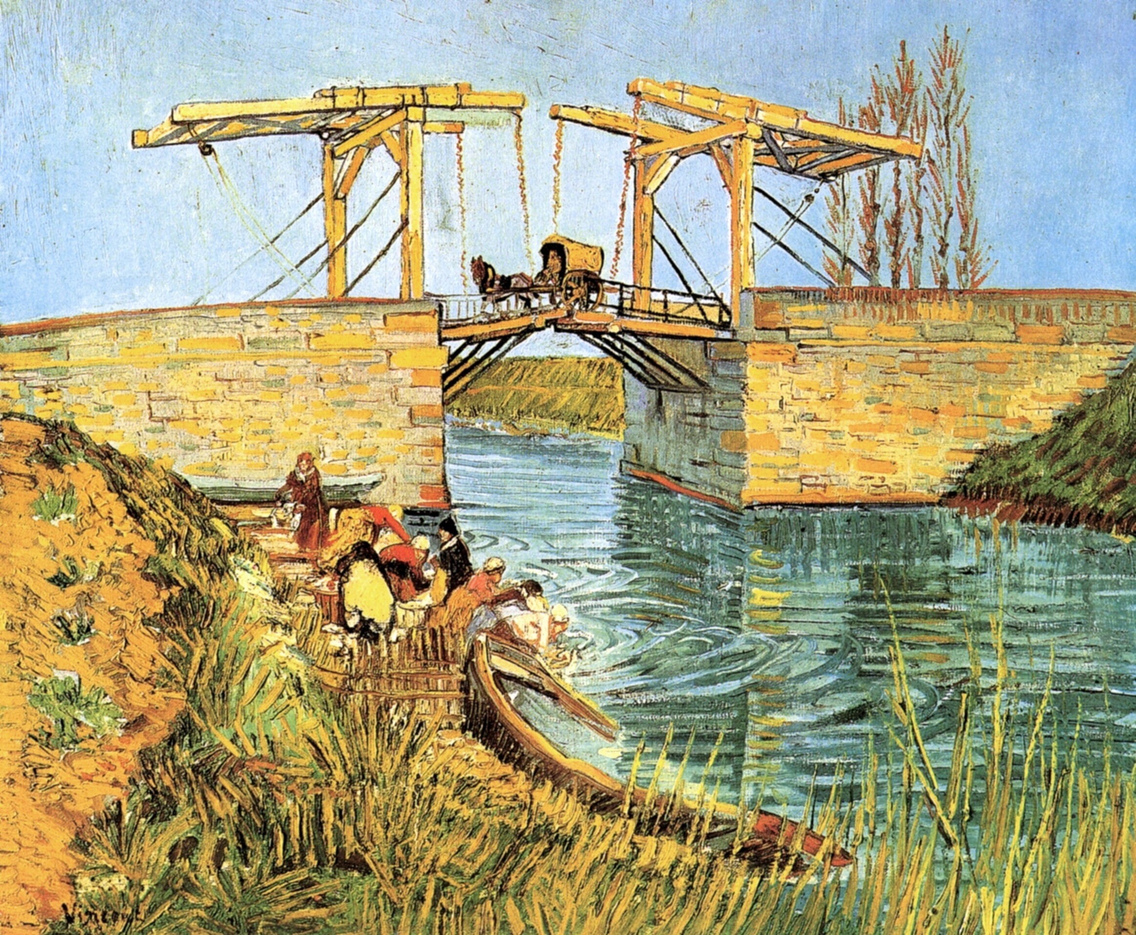 women washing, The Langlois, Vincent van Gogh, bridge, coach, Bridge at Arles, 1080P, boat, HD Wallpaper
