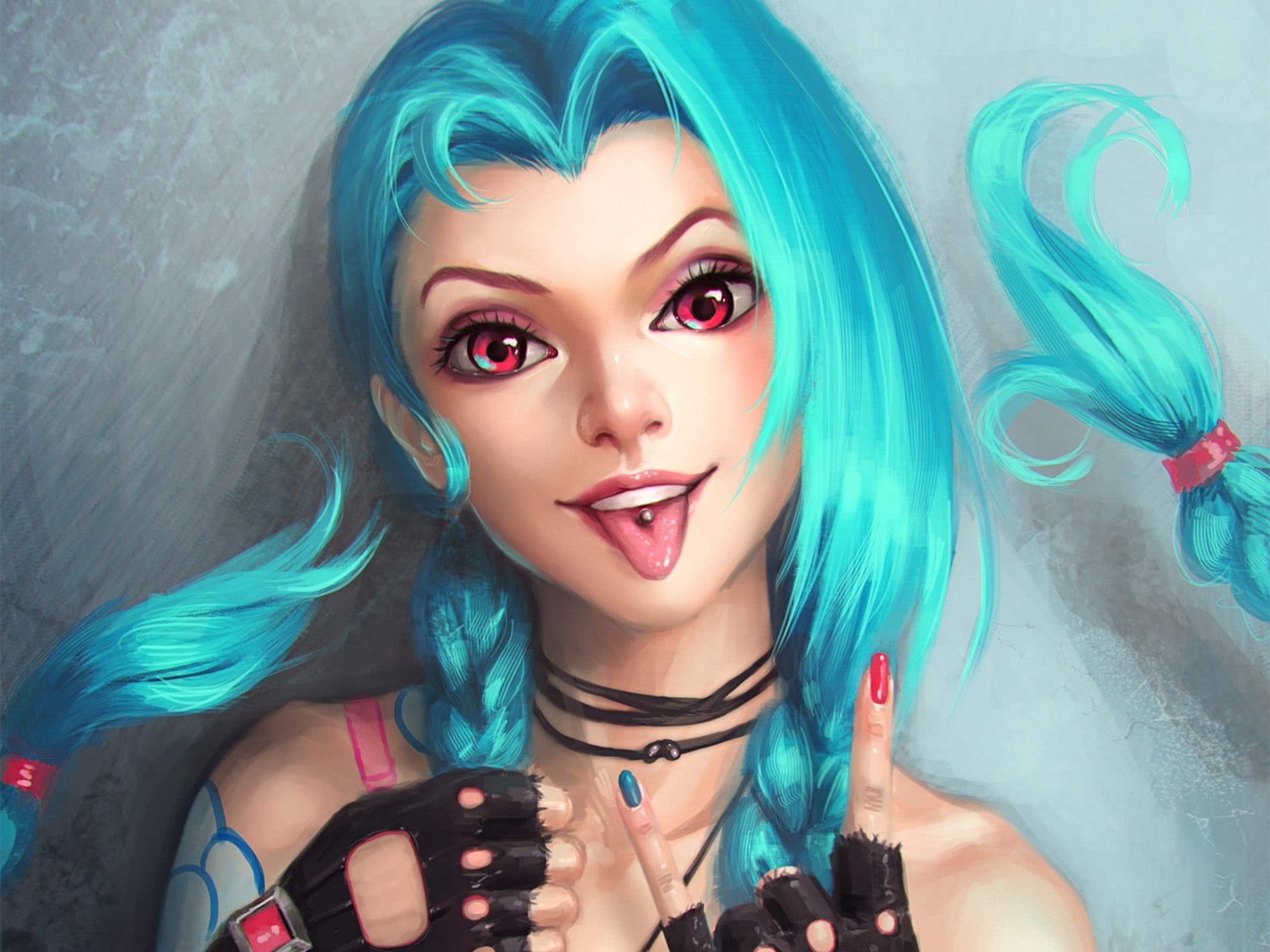 Jinx (League of Legends), Jinx, lifestyles, looking at camera, video games, young adult, headshot, turquoise colored, indoors, make-up, red eyes, one person, HD Wallpaper