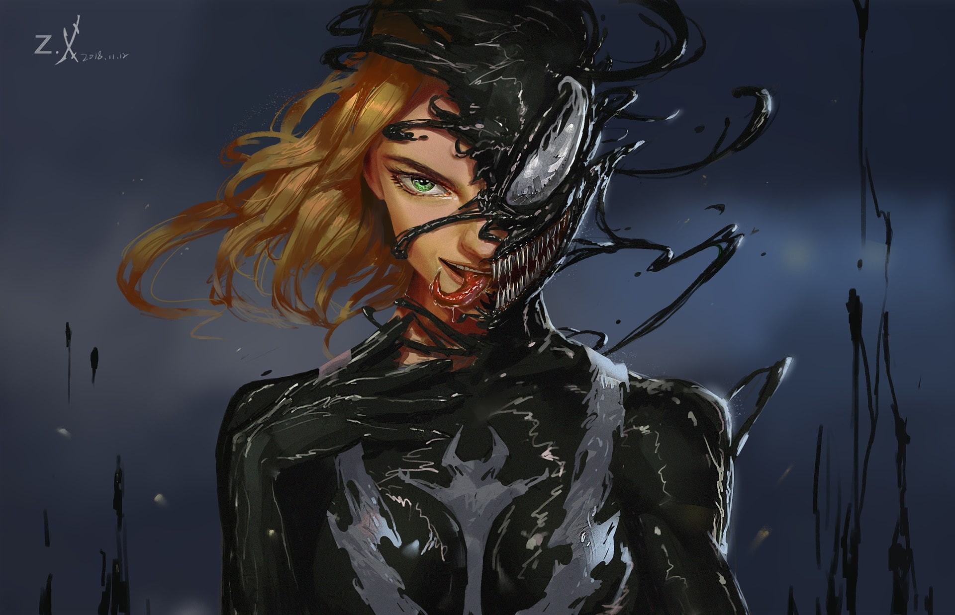 1080P, gwenom, artwork, women, green eyes, tongue out, Venom, 2018 (Year), HD Wallpaper