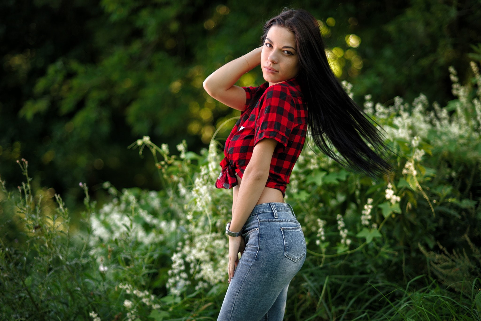 standing, adult, beautiful woman, young adult, focus on foreground, plaid shirt, contemplation, young women, long hair, hair, jeans, portrait, outdoors, HD Wallpaper