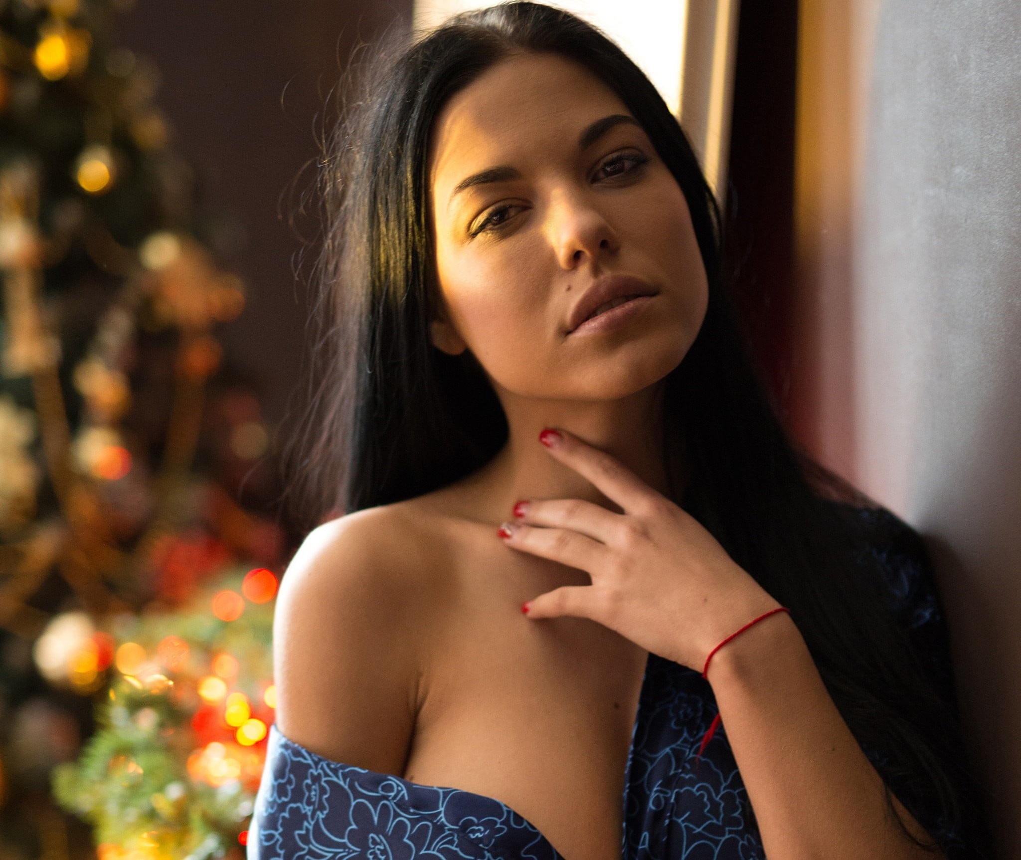 waist up, contemplation, red nails, young women, young adult, Marina Shimkovich, headshot, indoors, face, sadness, beautiful woman, 1080P, women, painted nails, HD Wallpaper