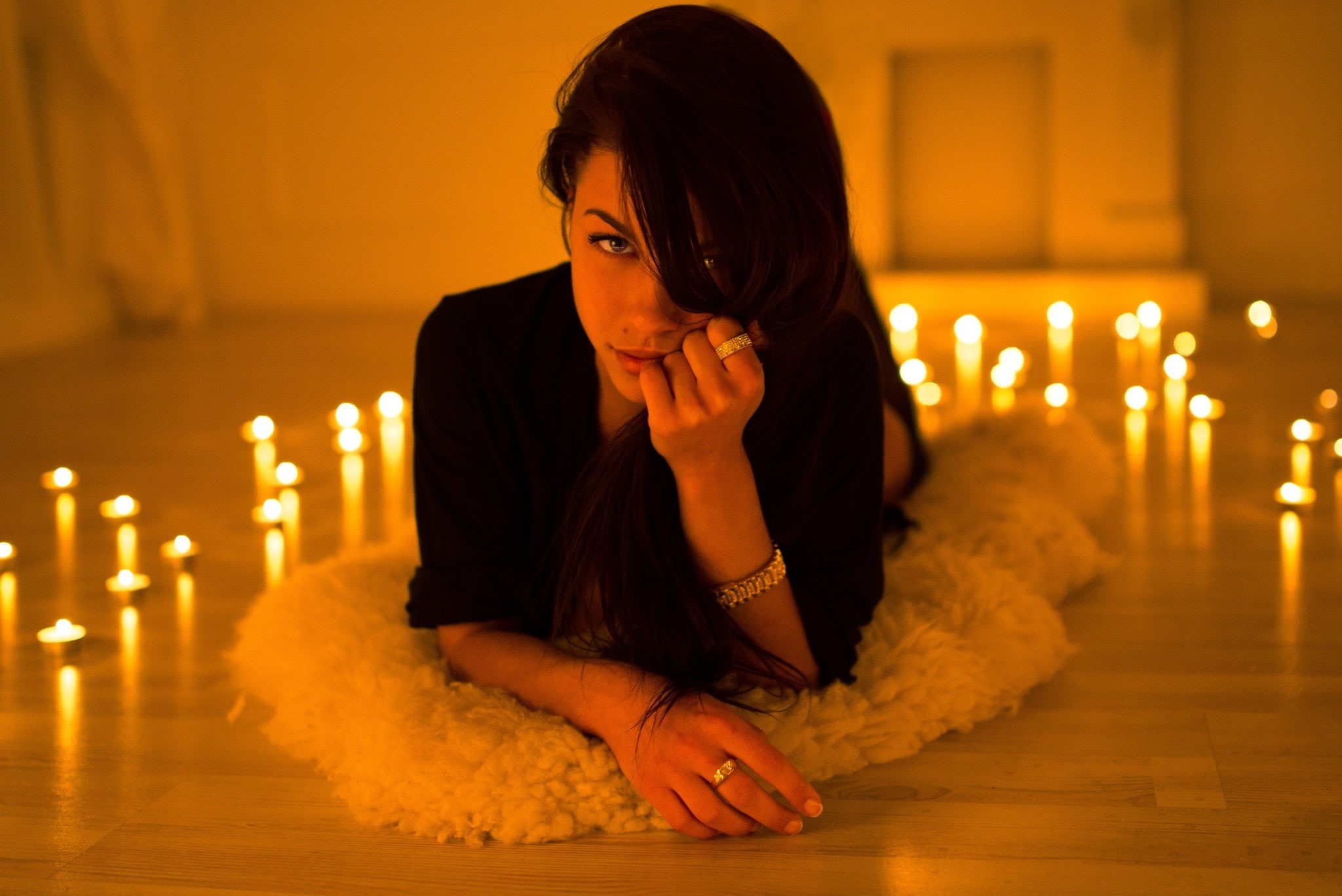 woman, ring, lying, candles, shimkovich, 1080P, marina, marina shimkovich, floor, HD Wallpaper