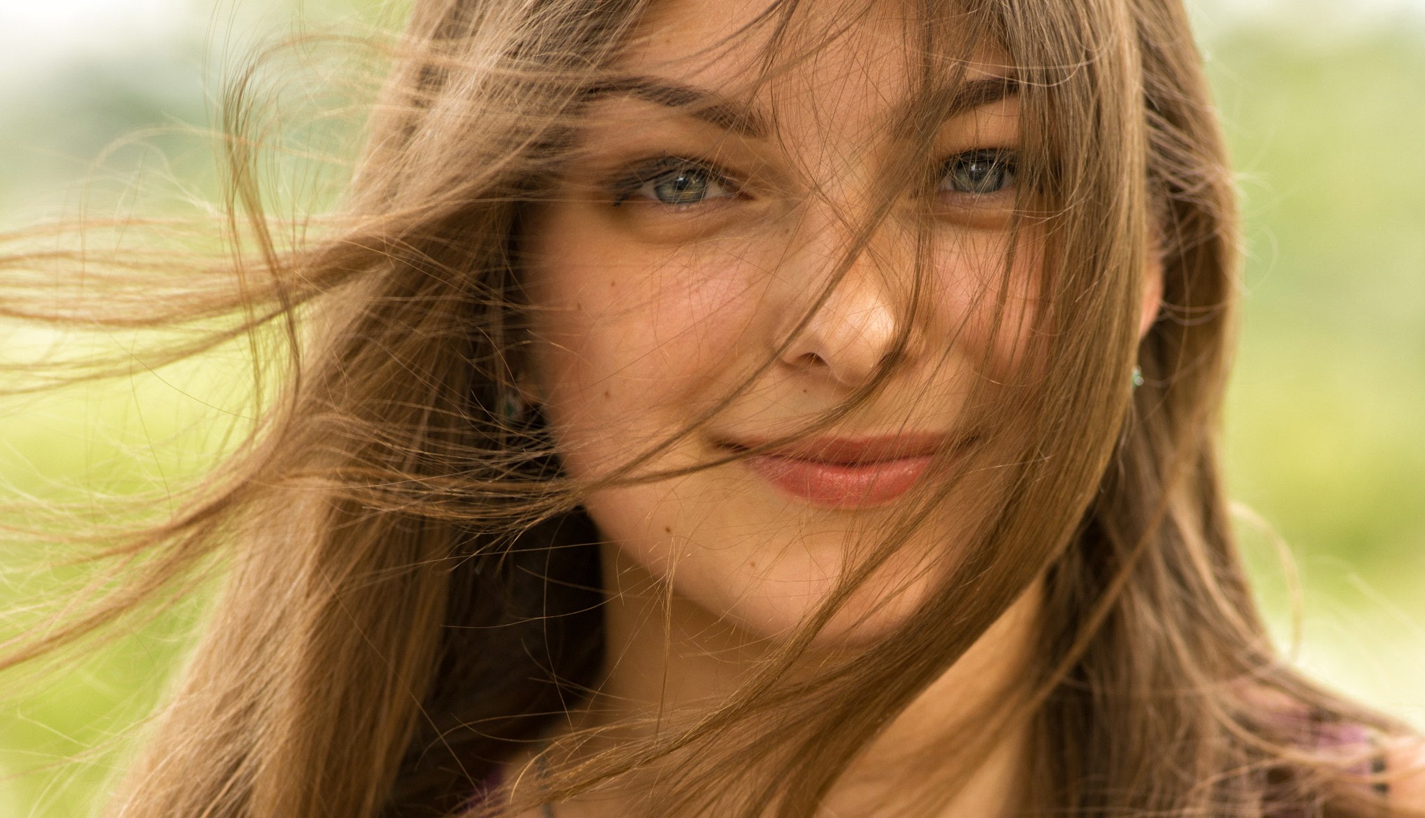 long hair, Daria Kuncikova, young women, human body part, brunette, model, adult, hair in face, wind, looking at camera, beauty, pink lipstick, face, women, HD Wallpaper