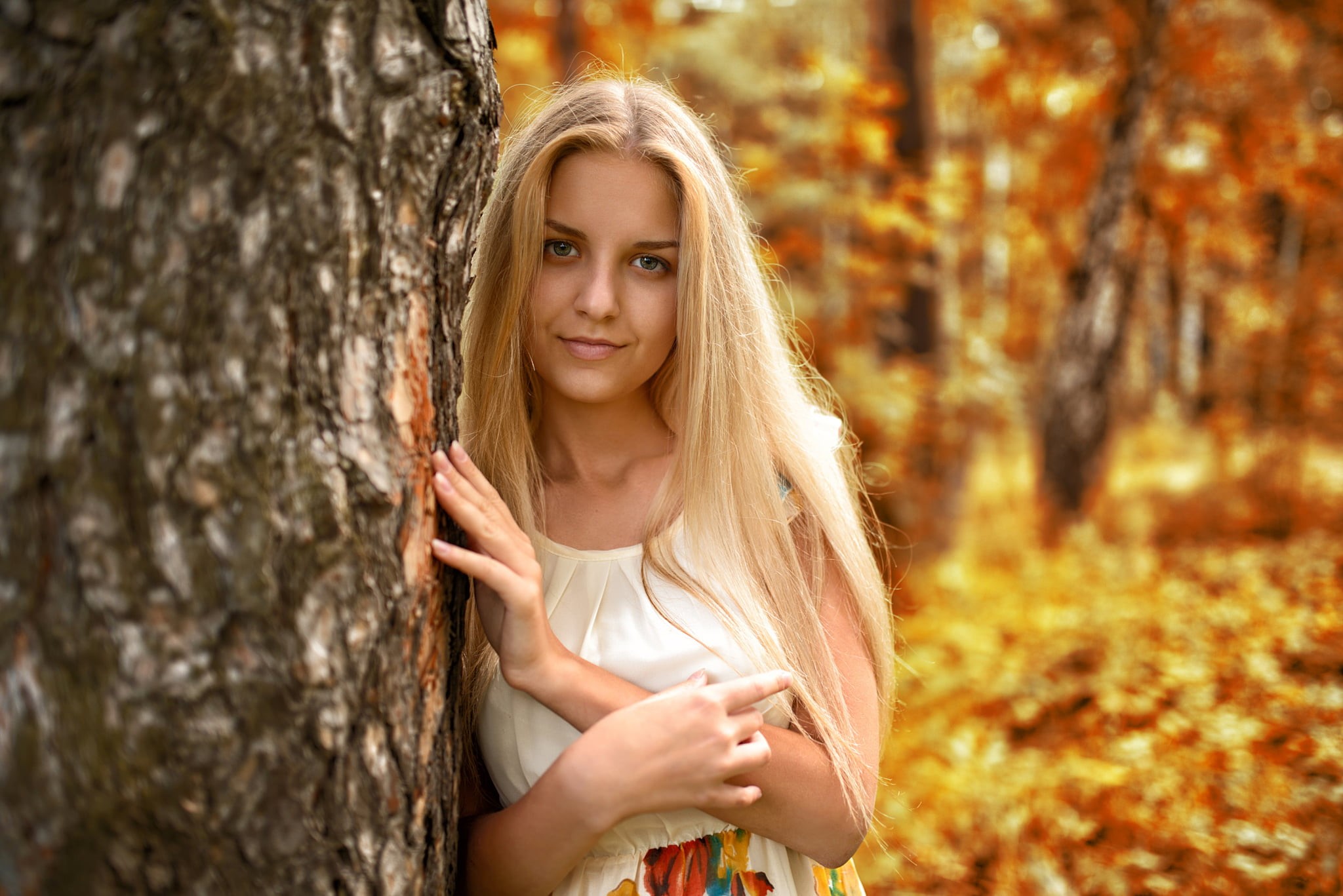 one person, young adult, girl, the expression, bokeh, portrait, light, blond hair, 1080P, smiling, nice, blonde, Anastasia Kurtukova, dress, beautiful woman, HD Wallpaper