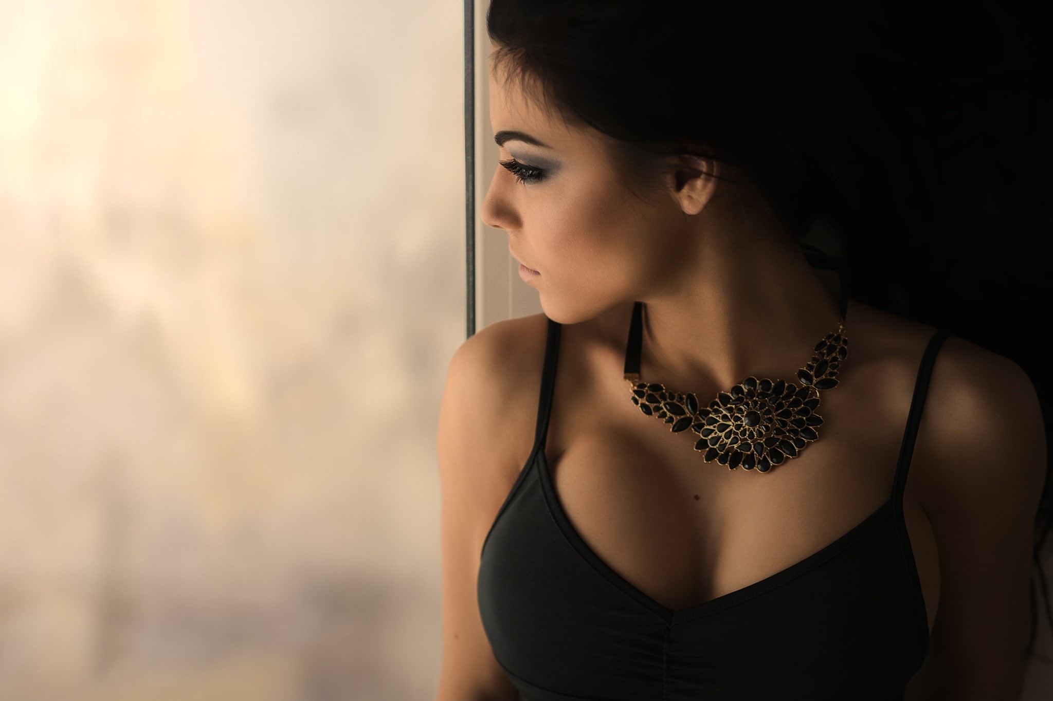 black, brunette, headshot, focus on foreground, looking, clothing, young adult, one person, Marina, sexy, indoors, top, window, beautiful woman, chic, spaghetti, HD Wallpaper