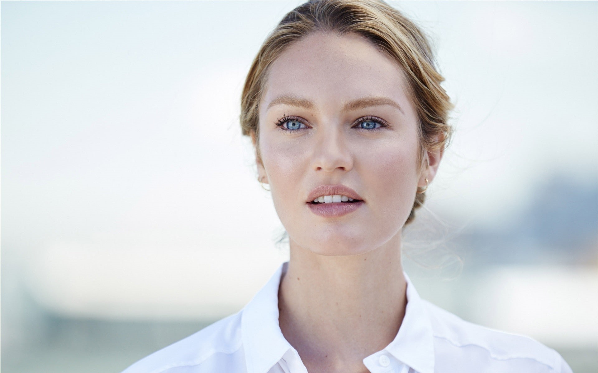 eyes, clothing, 1080P, white, candice, blue, swanepoel, candice swanepoel, blue eyes, model, blonde, white clothing, women, 1920x1200, HD Wallpaper