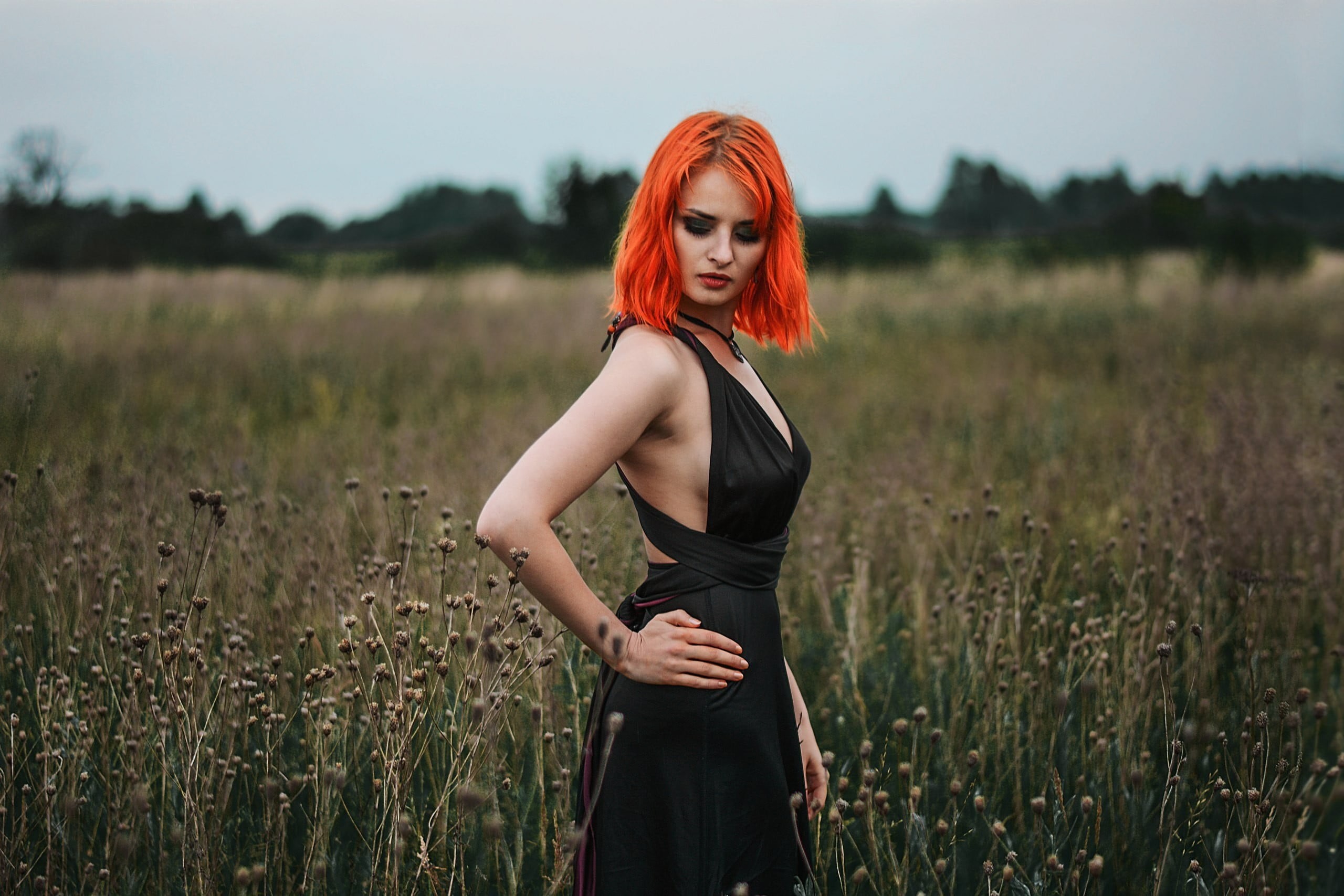 portrait, strap, black, standing, outdoors, one person, halter, black dress, nature, women outdoors, adult, growth, redhead, young women, dress, plant, HD Wallpaper