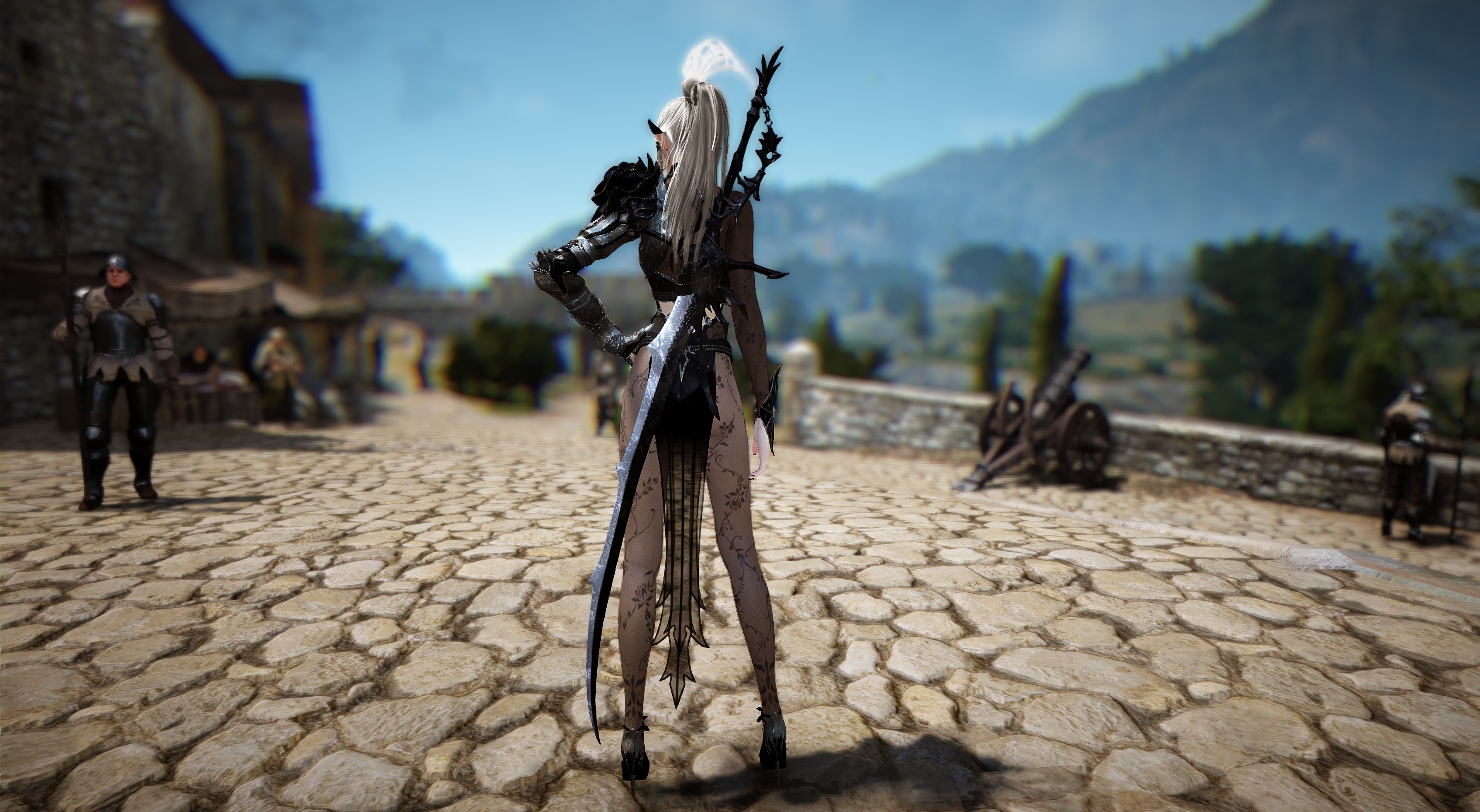 focus on foreground, sculpture, Black Desert, white hair, legs, outdoors, day, black desert online, long sword, stockings, nature, hands on hips, bicycle, HD Wallpaper