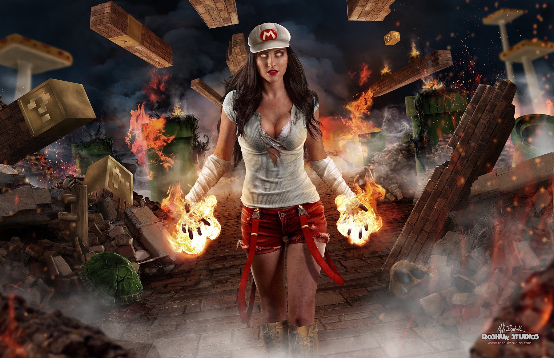 women, model, one person, smoke - physical structure, digital art, 500px, 720P, Mike Roshuk, standing, real people, looking at camera, portrait, burning, HD Wallpaper