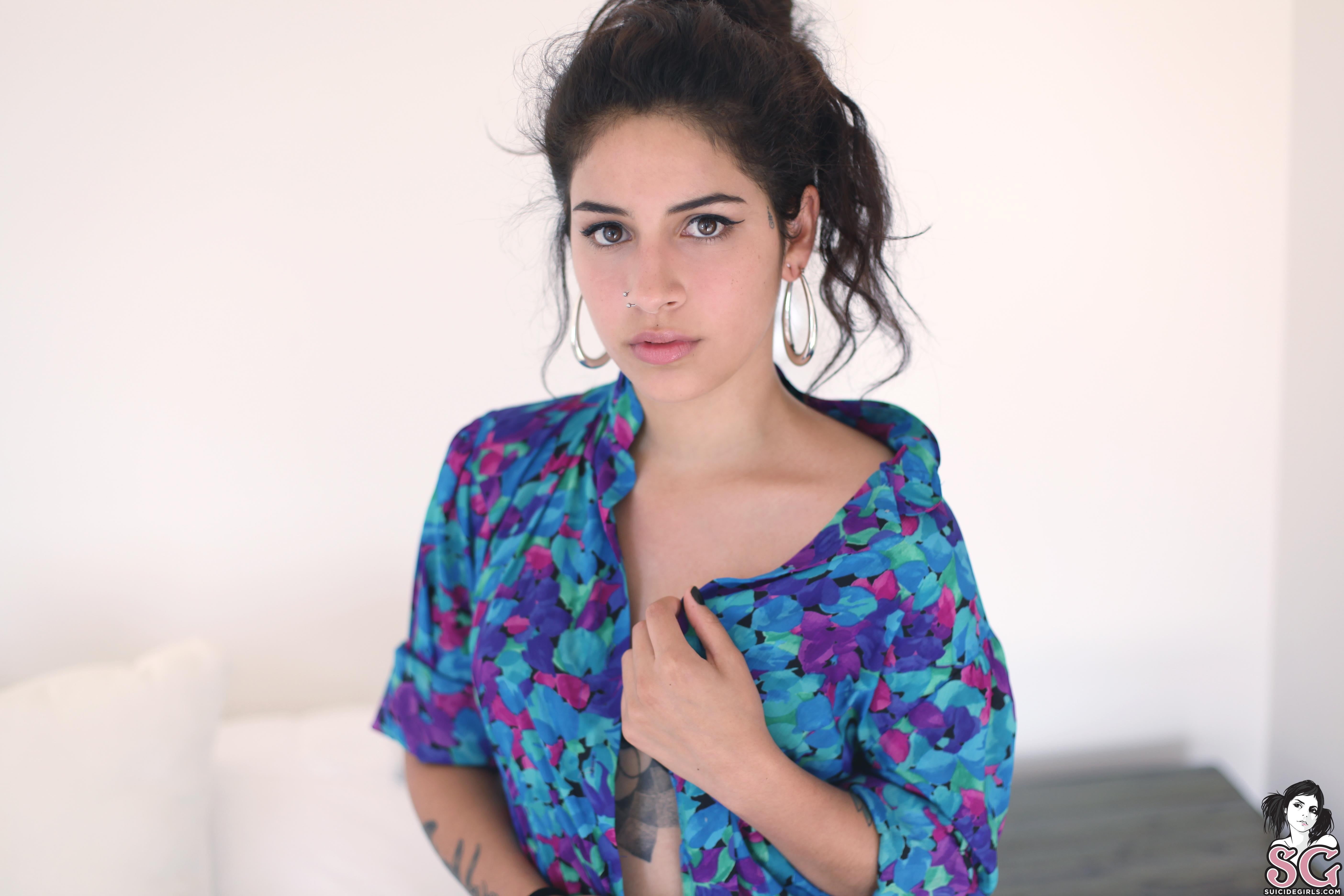pattern, floral, Arsenica Suicide, lifestyles, blue, pierced nose, open shirt, floral pattern, brunette, portrait, women, young adult, blouse, beauty, brown hair, HD Wallpaper