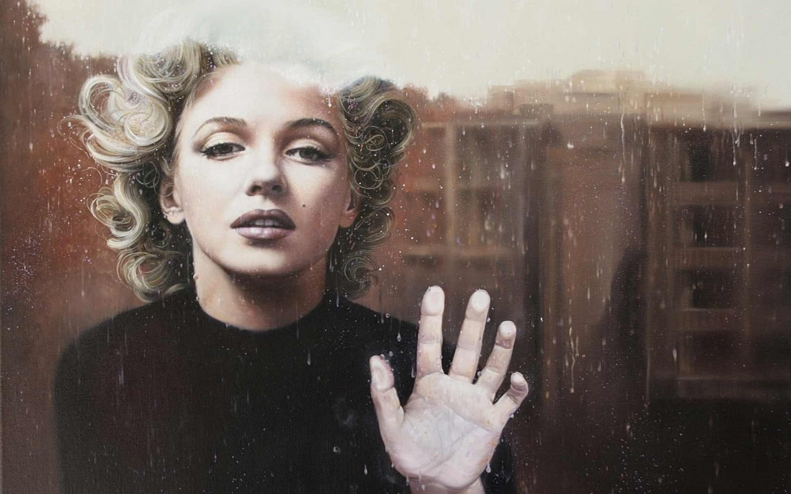 portrait, one person, human hand, actress, vintage, adult, window, looking, contemplation, digital art, young women, transparent, front view, monroe, rain, HD Wallpaper