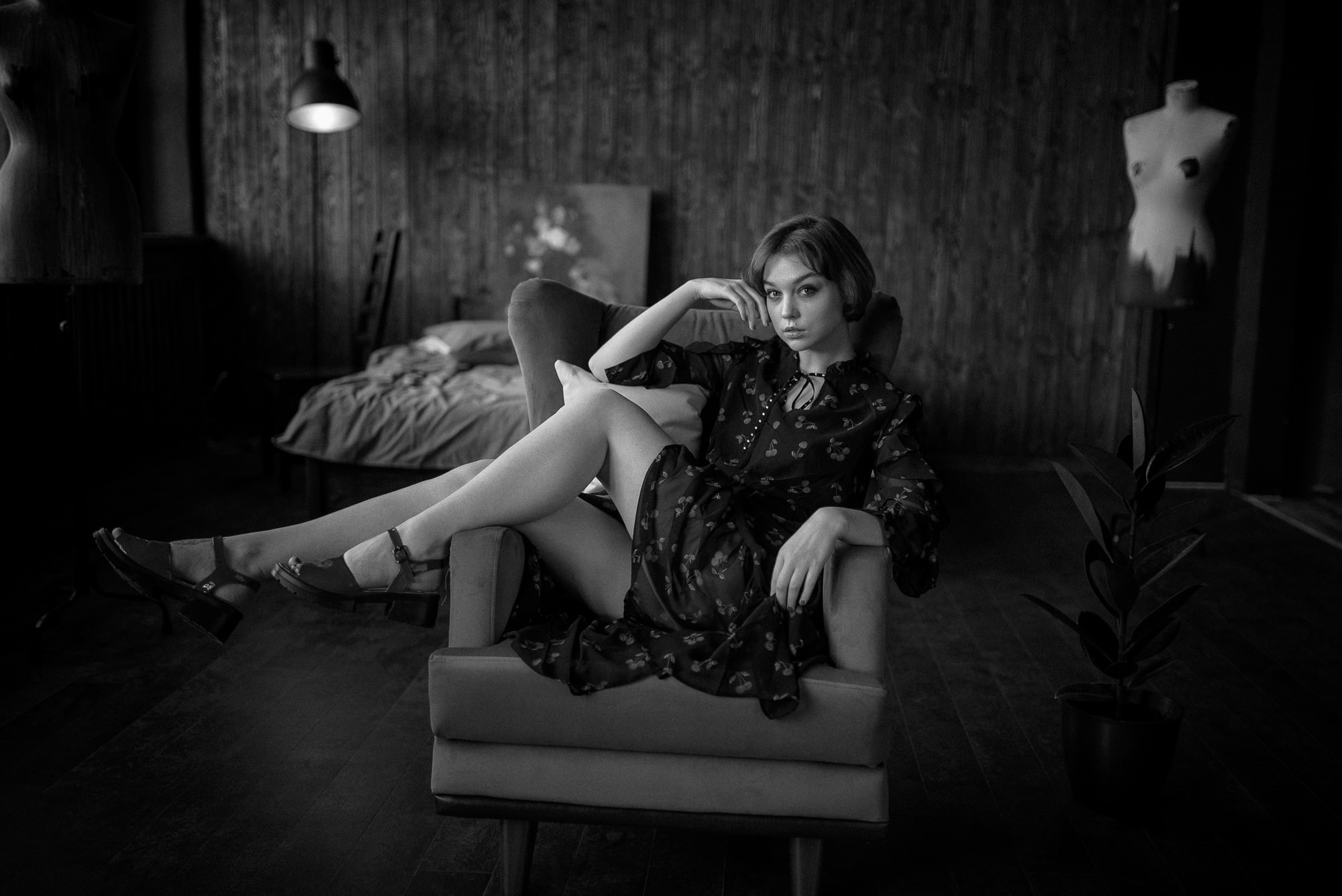looking at viewer, women, bed, short hair, model, women indoors, Georgy Chernyadyev, Olya Pushkina, legs, portrait, indoors, sandals, dress, touching face, HD Wallpaper