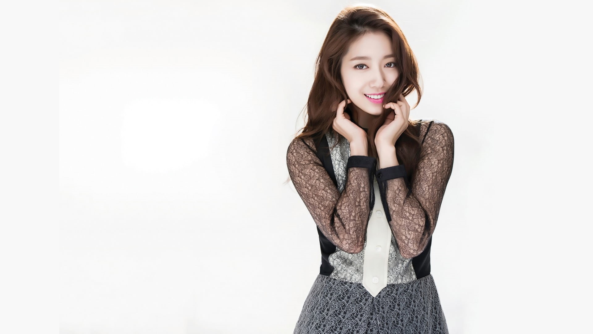 portrait, touching face, smiling, Korean, looking at viewer, long hair, pink lipstick, women, Park Shin-hye, 1080P, brunette, Asian, actress, HD Wallpaper