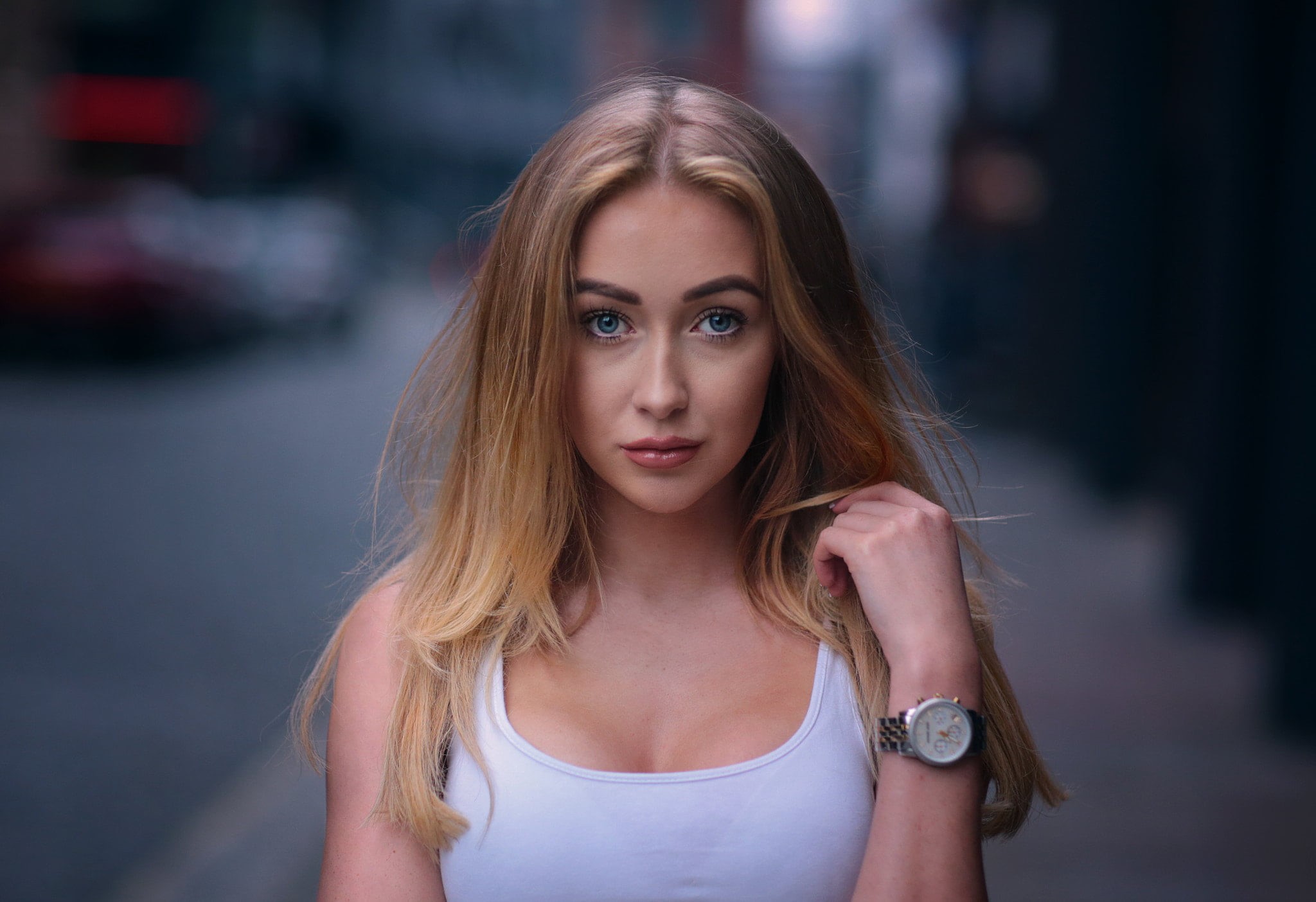 touching hair, young women, 1080P, beautiful woman, blond hair, blue eyes, beauty, one person, portrait, adult, women, young adult, beautiful people, long hair, HD Wallpaper