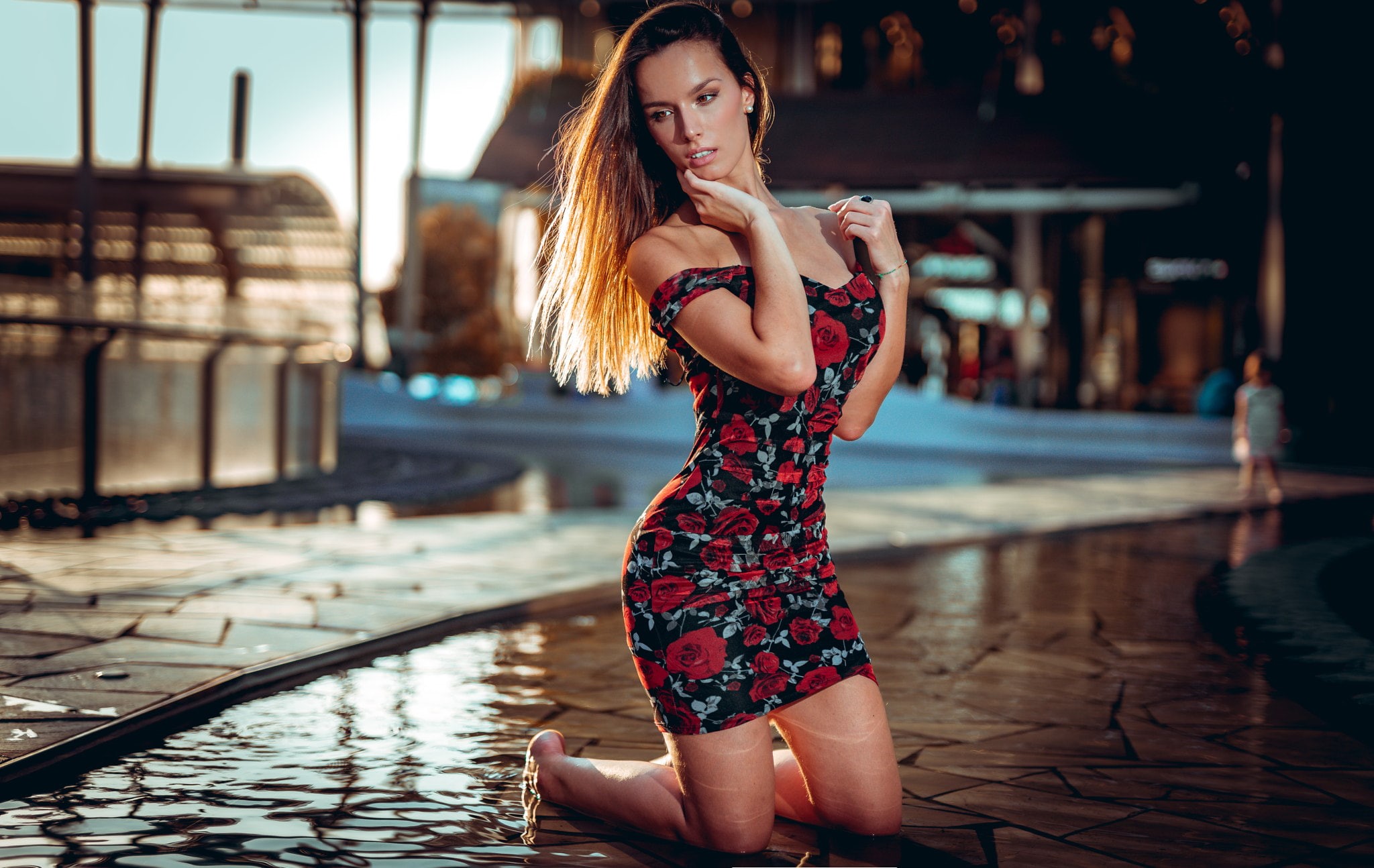 hand on face, women, brunette, dress, barefoot, tight dress, 1080P, pearl earrings, portrait, touching face, Marco Squassina, in water, kneeling, HD Wallpaper