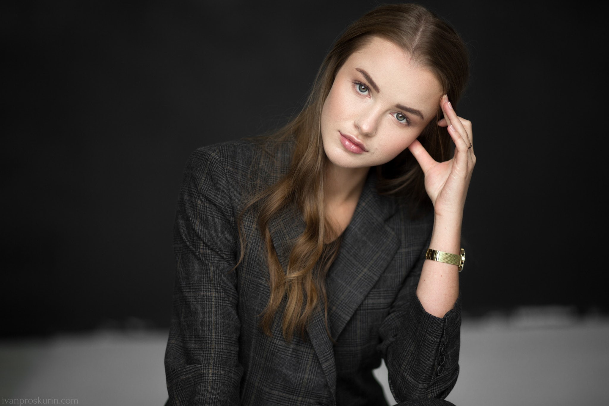 women, Julia Tavrina, pink lipstick, touching face, brunette, 1080P, looking at viewer, long hair, Ivan Proskurin, black jackets, HD Wallpaper