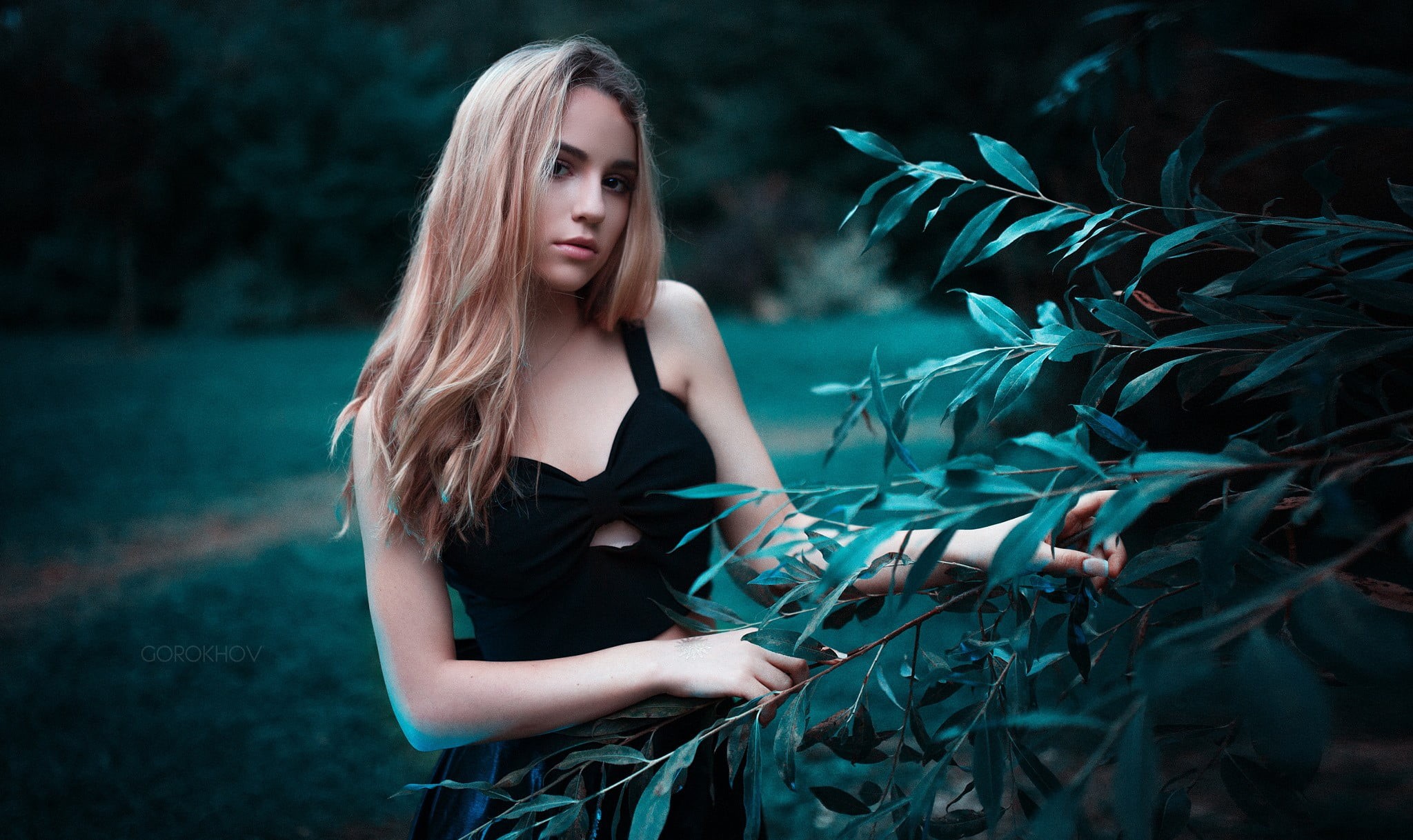 hairstyle, young adult, women, dark, forest, beautiful woman, sleeveless, young women, teenager, 1080P, women outdoors, black, top, model, looking, skinny, HD Wallpaper