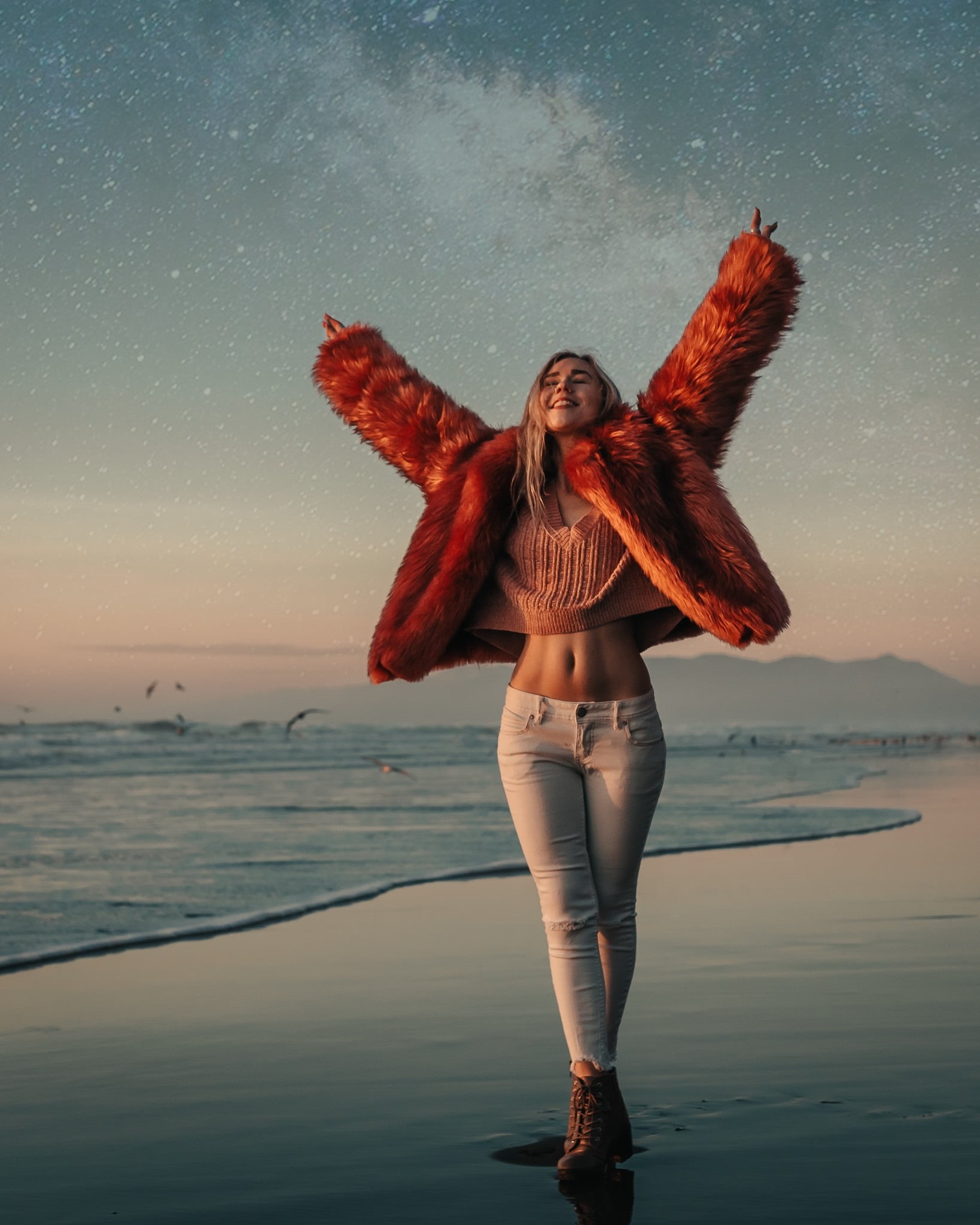 limb, clothing, beauty, young women, smiling, closed eyes, arms raised, s, women, sweater, belly, women on beach, blonde, beige, red coat, coat, human arm, Phone HD Wallpaper