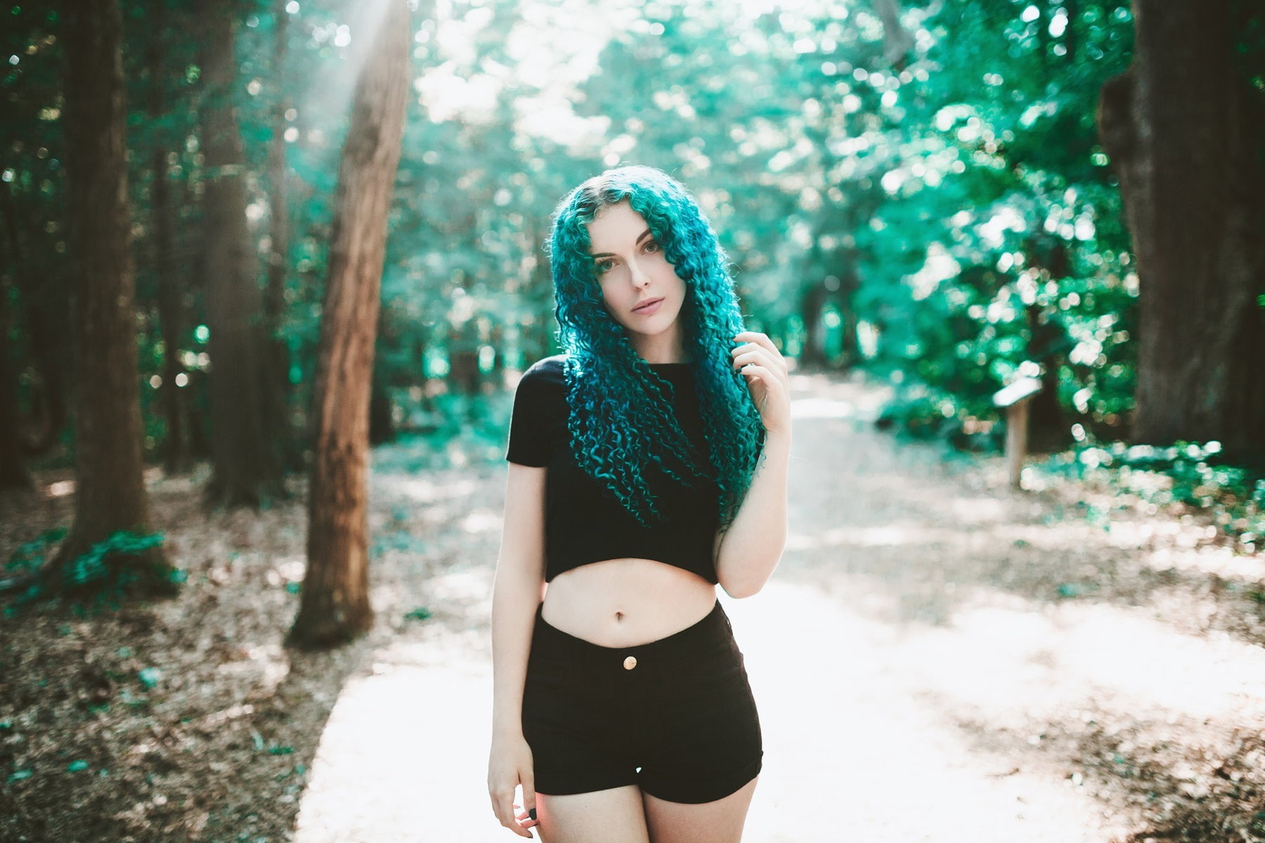 black tops, curly hair, hair, beauty, standing, women, blue hair, belly button, hairstyle, front view, Savannah Daras, model, one person, leisure activity, HD Wallpaper