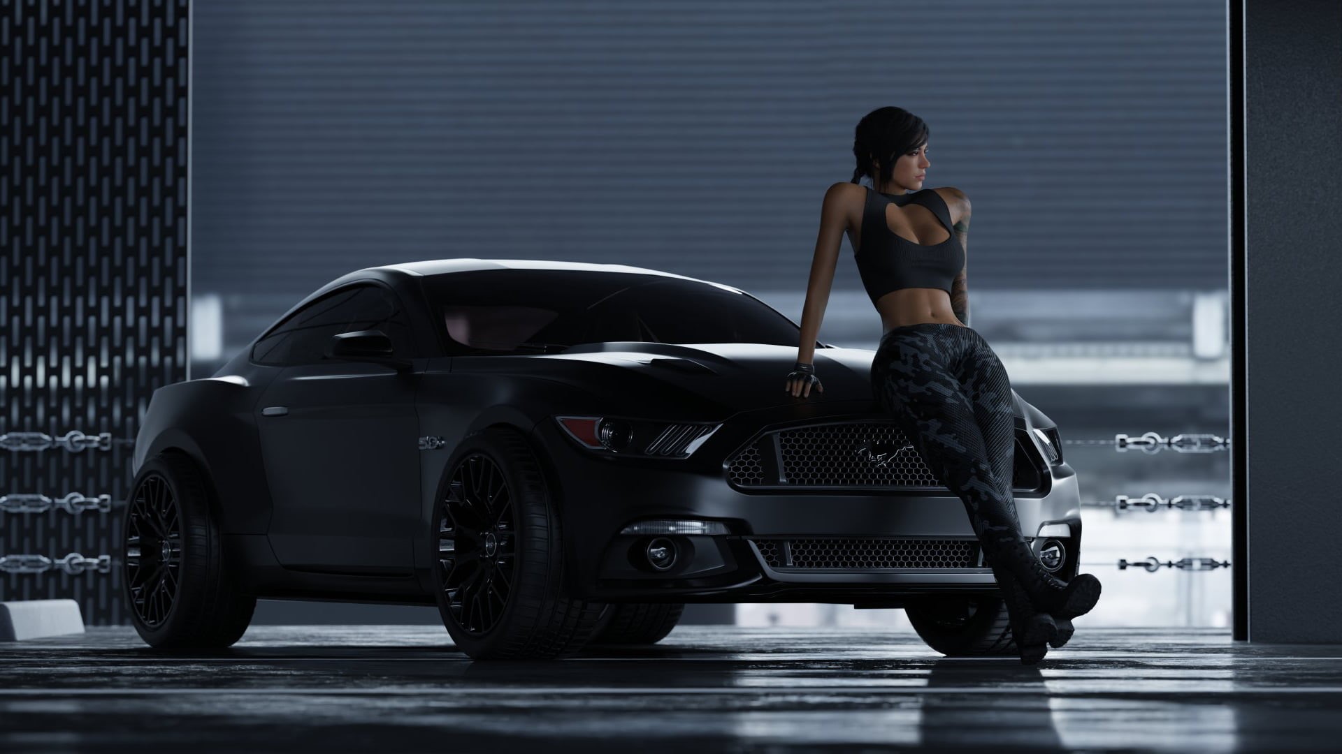 braids, Garage, Sweatpants, 1080P, belly, belly button, top, Call of Duty, black cars, boots, brunette, Mustang (Car), black boots, Mara Valkyrie, tattoo, HD Wallpaper