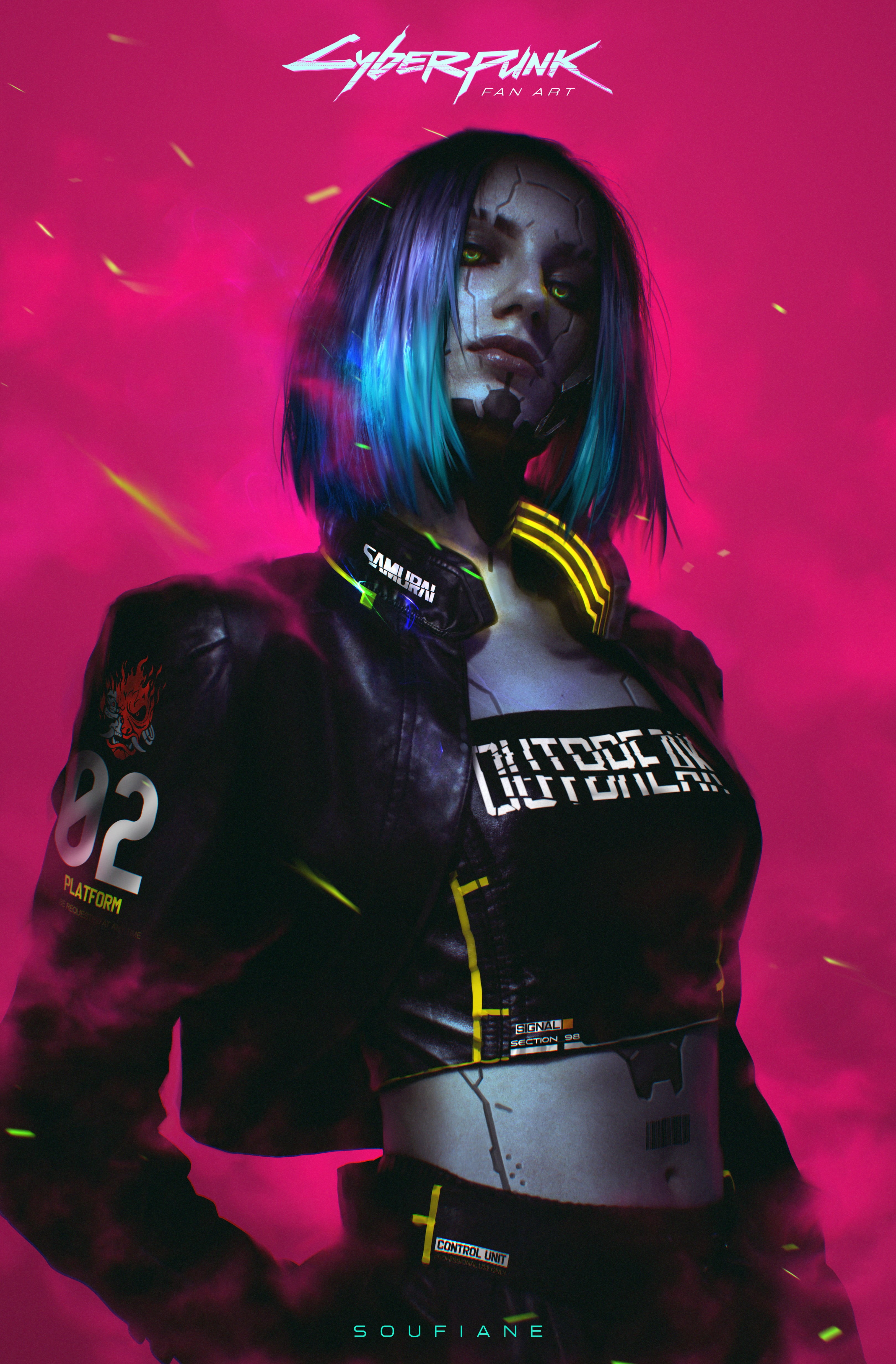 artwork, cyborg, 4K, open jacket, Soufiane Idrassi, looking at viewer, women, digital painting, pink background, video game art, green eyes, bare midriff, Phone HD Wallpaper