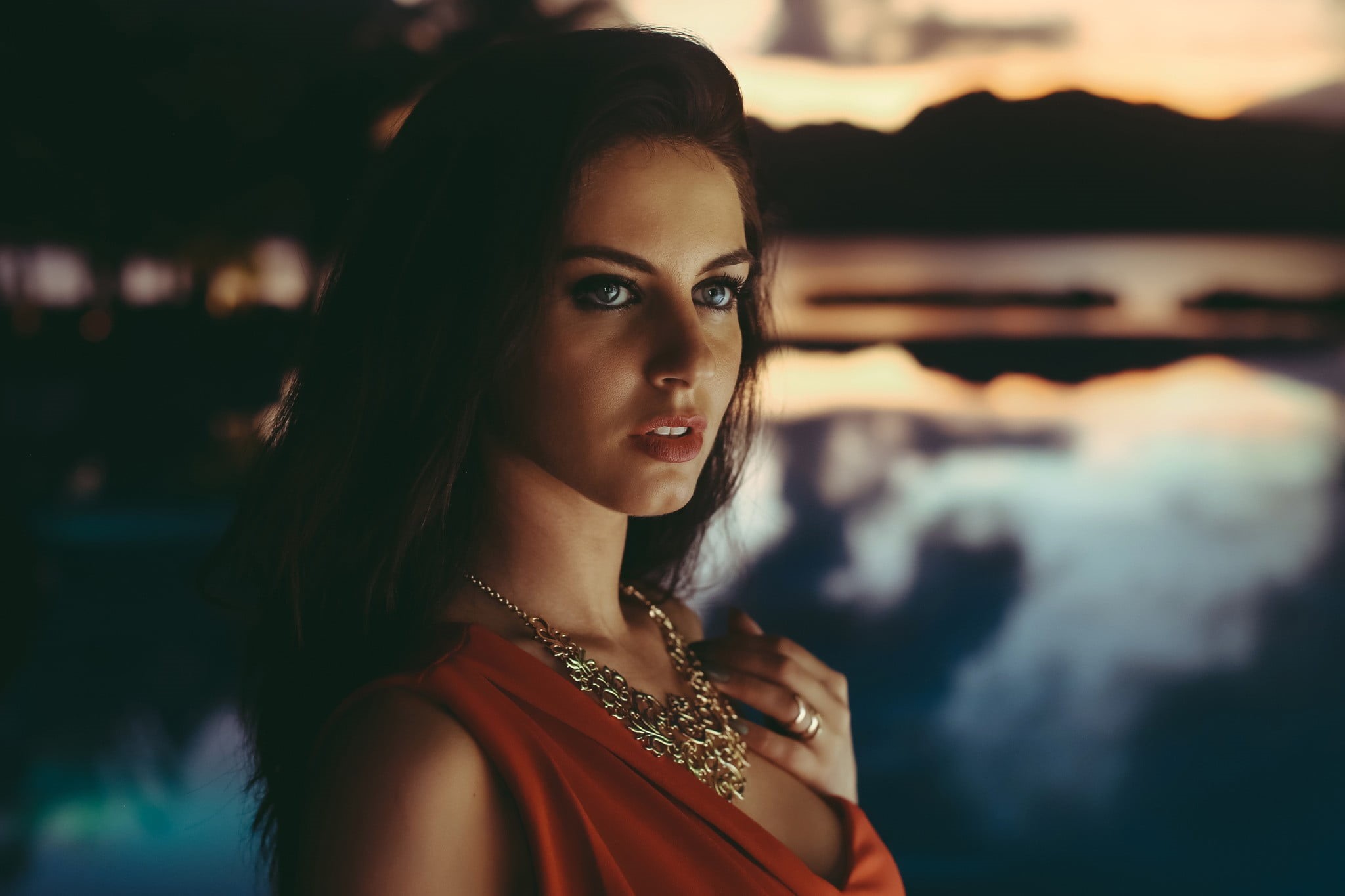 front view, top, v, open mouth, red dress, lifestyles, adult, hair, water, contemplation, beauty, women, looking away, women outdoors, neck, hairstyle, HD Wallpaper