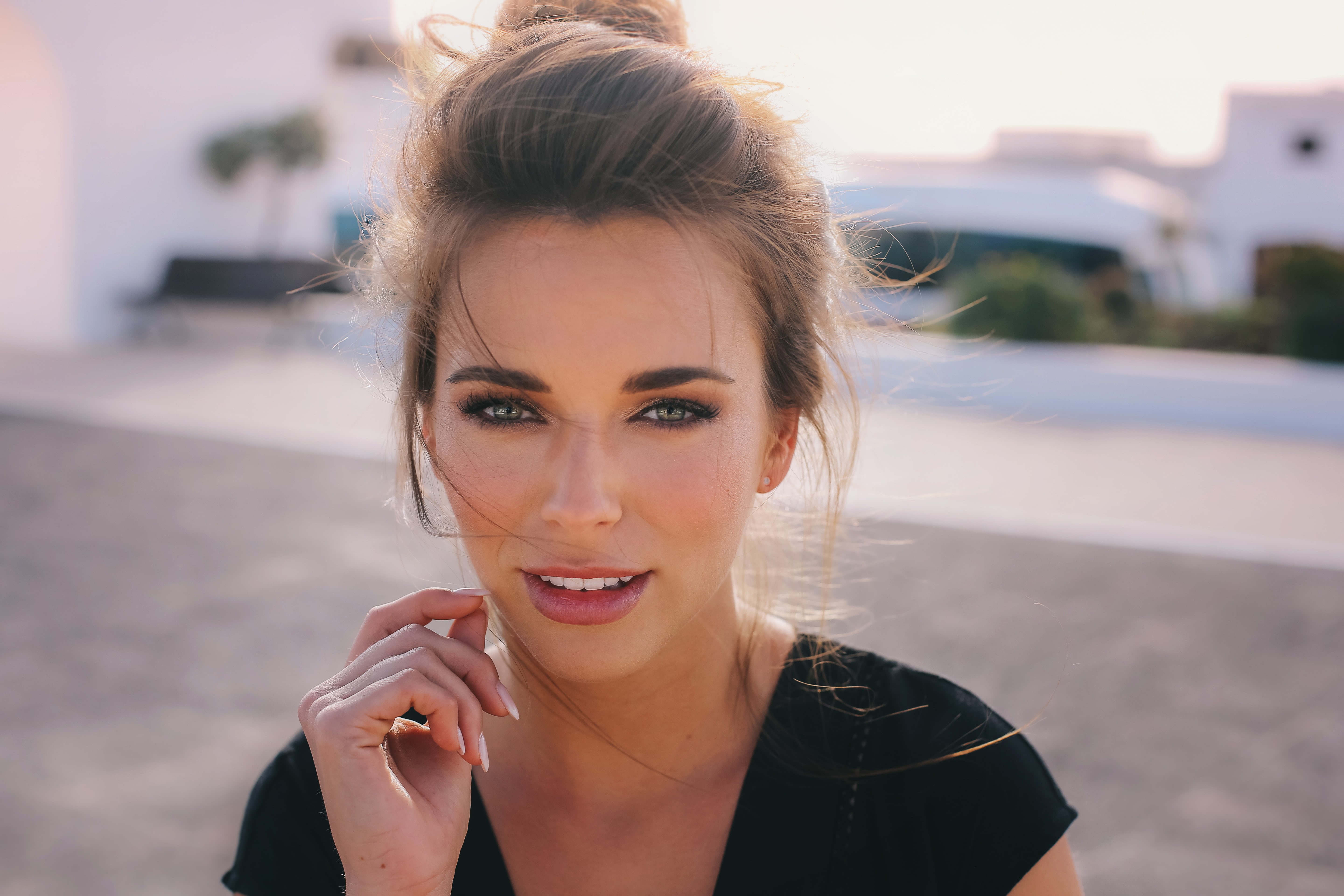 looking at viewer, women outdoors, face, black clothing, open mouth, 5K, green eyes, brunette, women, David Olkarny, HD Wallpaper