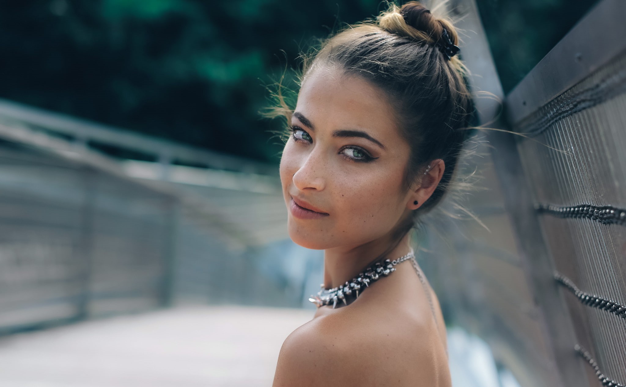 necklace, hairstyle, brunette, headshot, outdoors, fashion, beautiful woman, buns, lifestyles, depth of field, looking at camera, bridge, contemplation, HD Wallpaper
