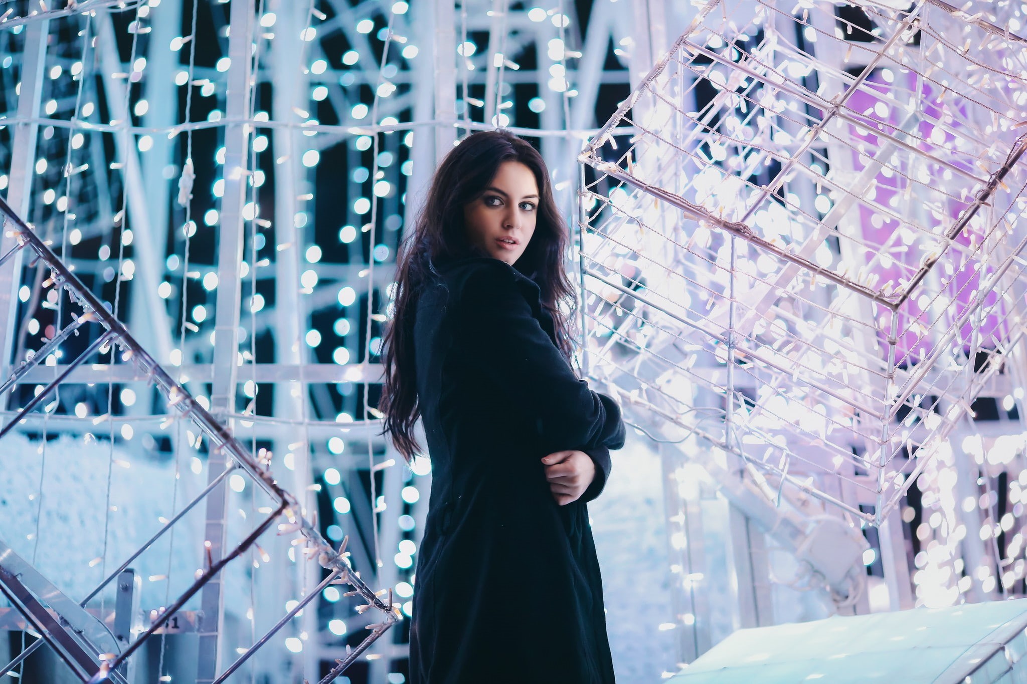 looking away, blue eyes, 1080P, lights, David Olkarny, women outdoors, black coat, women, long hair, model, Aurela Skandaj, brunette, HD Wallpaper