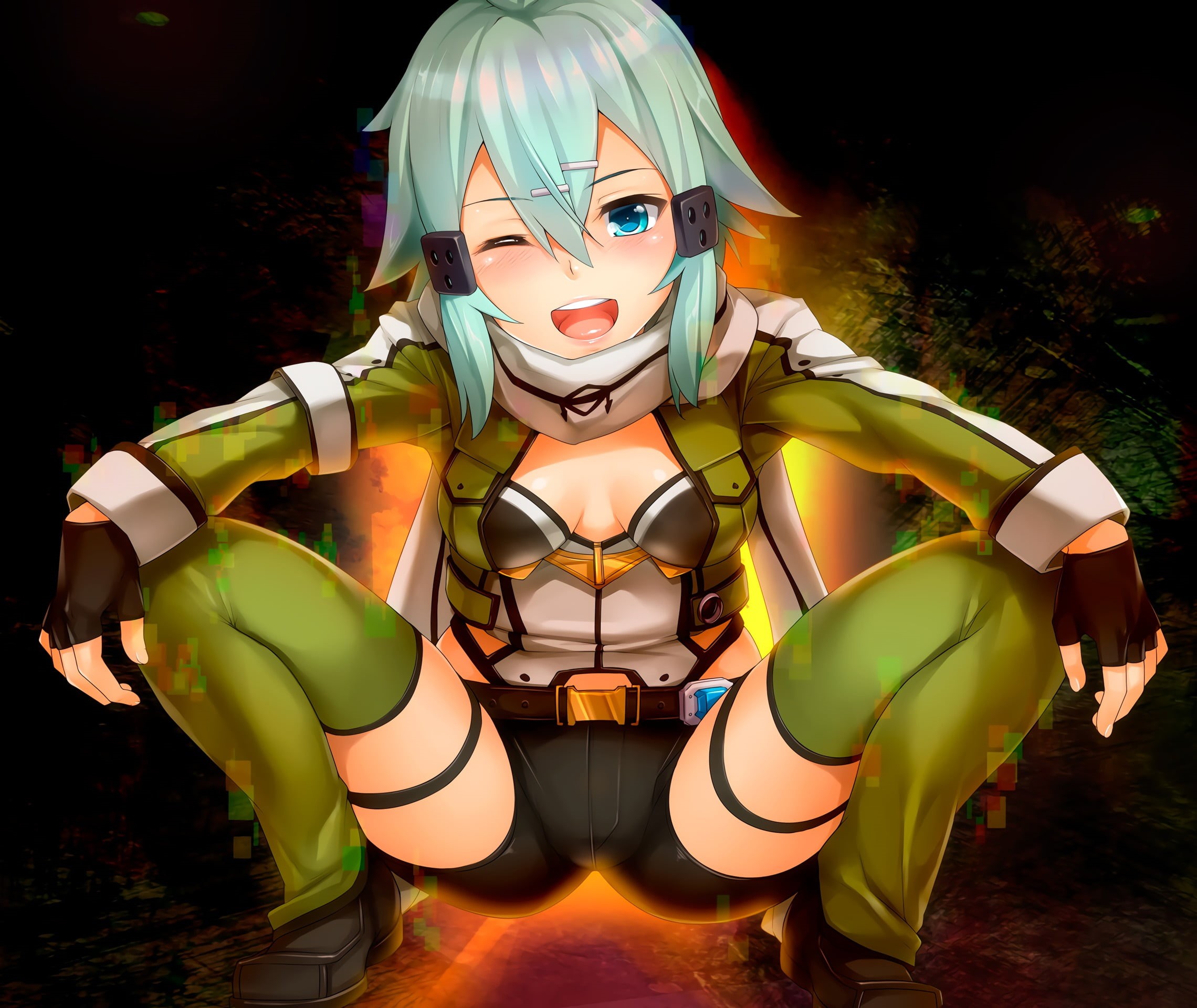 anime, outdoors, green color, real people, nature, front view, young adult, people, blue hair, night, futuristic, illuminated, human representation, Shinon(Sword Art Online), HD Wallpaper