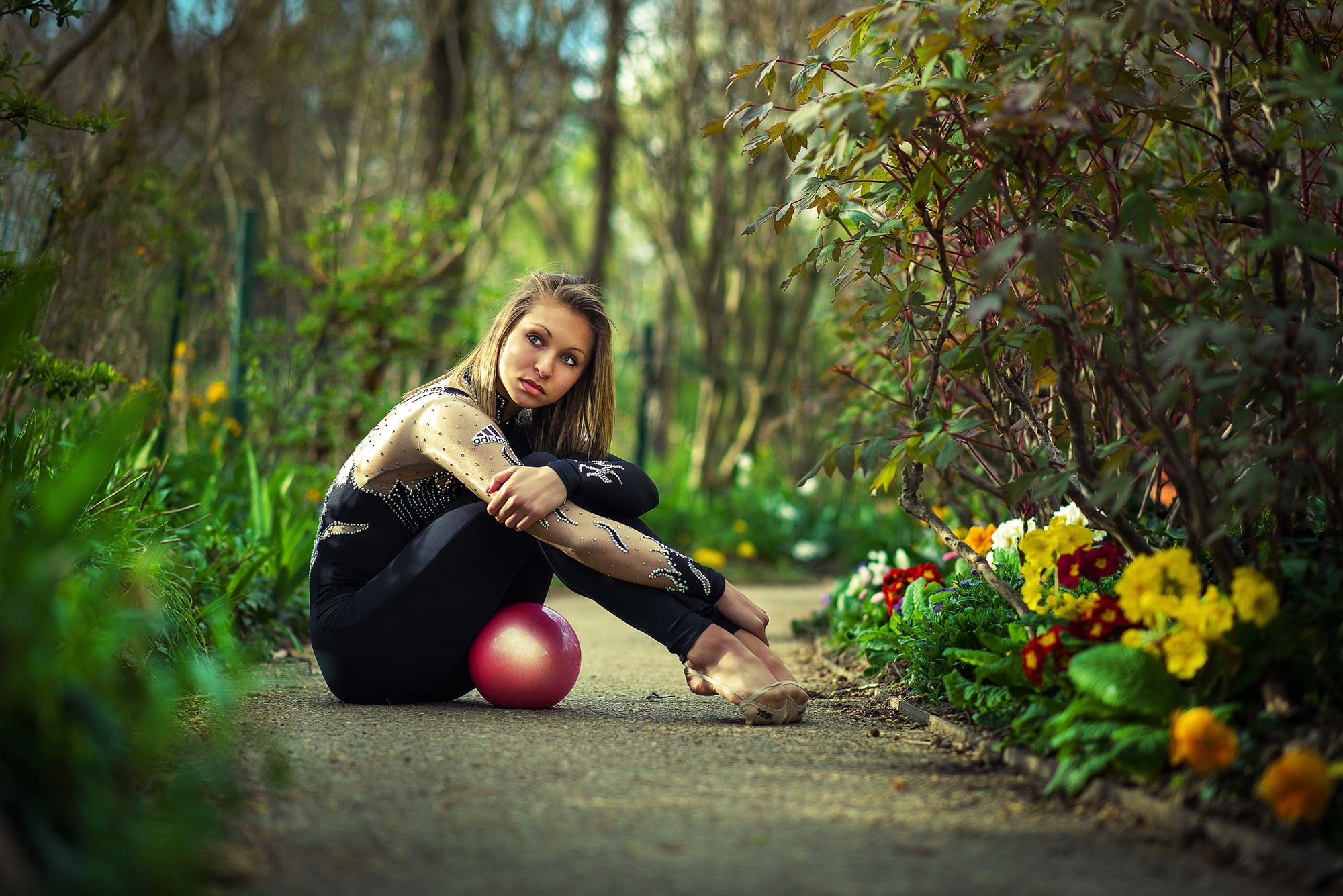 day, young women, park, hair, model, nature, young adult, casual clothing, one person, flower, tree, gymnastics, full length, women, 1080P, blond hair, HD Wallpaper