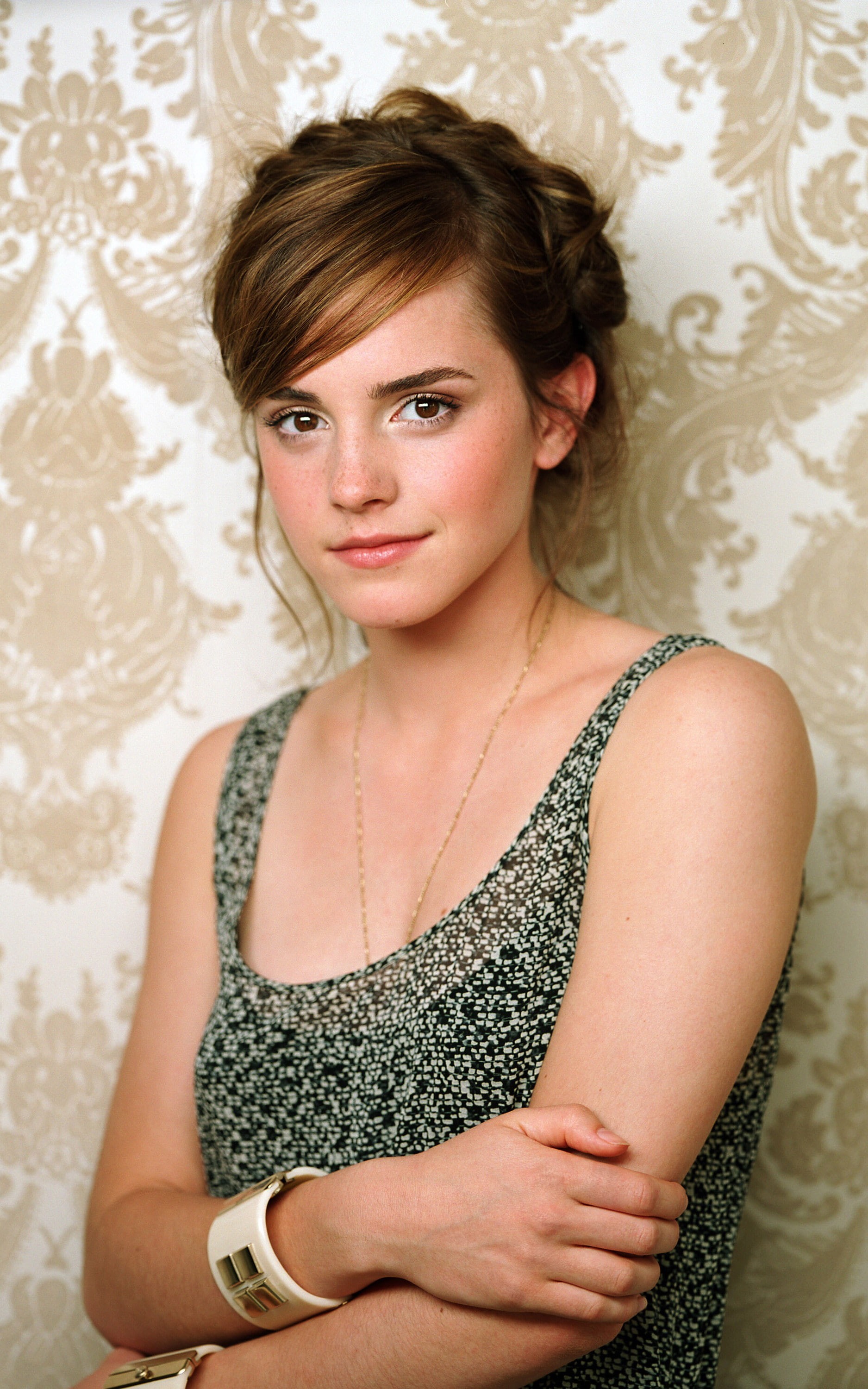 women, beautiful woman, brown hair, beauty, auburn hair, pattern, long hair, sundress, one person, hairstyle, actress, Emma Watson, beautiful people, Phone HD Wallpaper