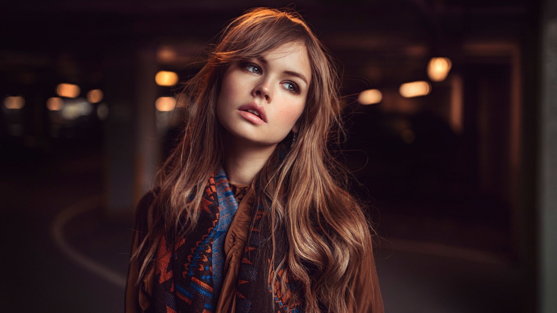 hairstyle, 1080P, adult, contemplation, dark, model, blurred, night, portrait, Anastasia Scheglova, hair, beautiful people, fashion, looking at camera, HD Wallpaper