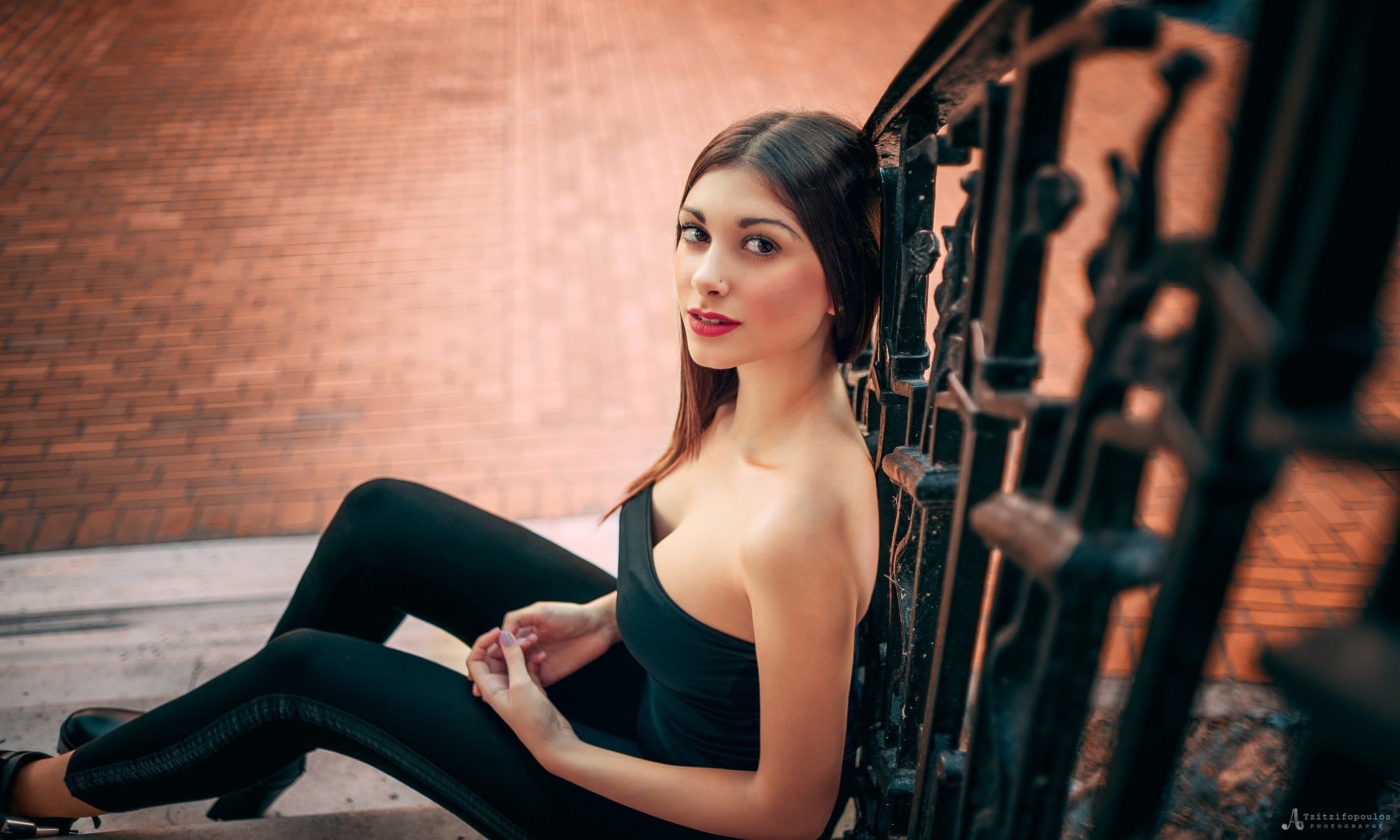 cleavage, adult, straight hair, lifestyles, Agelos Tzitzifopoulos, women, sitting, fashion, young women, clothing, bare shoulders, long hair, looking at viewer, HD Wallpaper