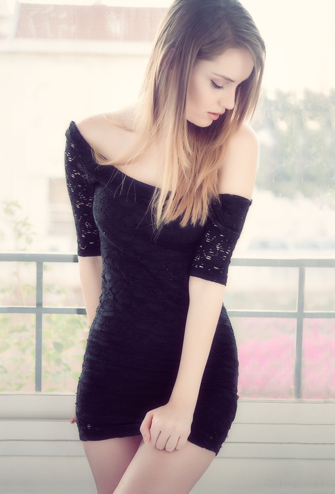 model, black dress, black clothing, young adult, photography, young women, minidress, 500px, Hands on legs, clothing, long hair, fashion, closed eyes, 1080P, Phone HD Wallpaper